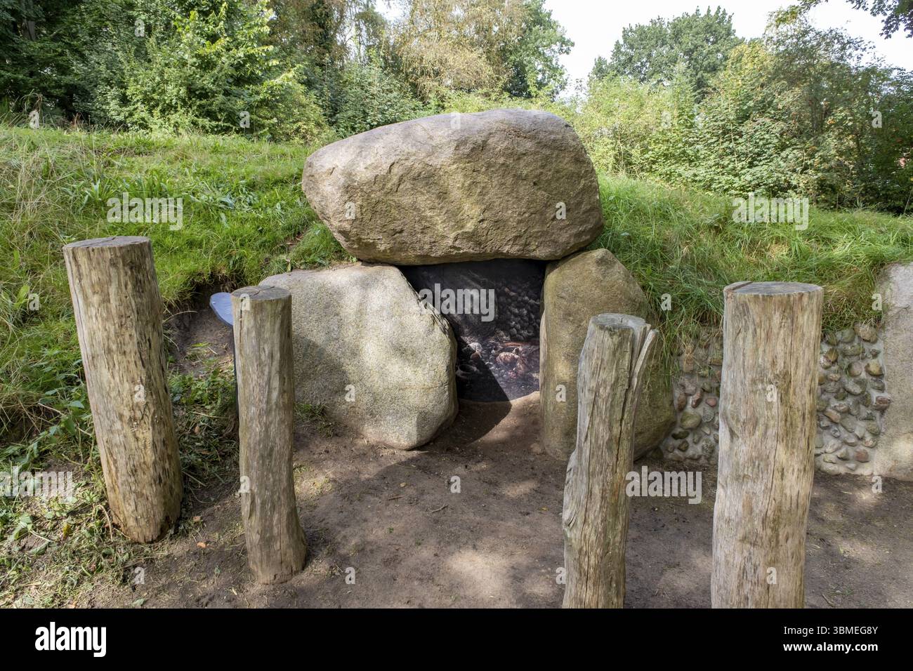 Tomba megalitica Tannenhausen, un sito di sepoltura megalitica della cultura dei becher a imbuto, di circa 5000 - 6000 anni, Aurich, Frisia orientale, bassa Sassonia Foto Stock