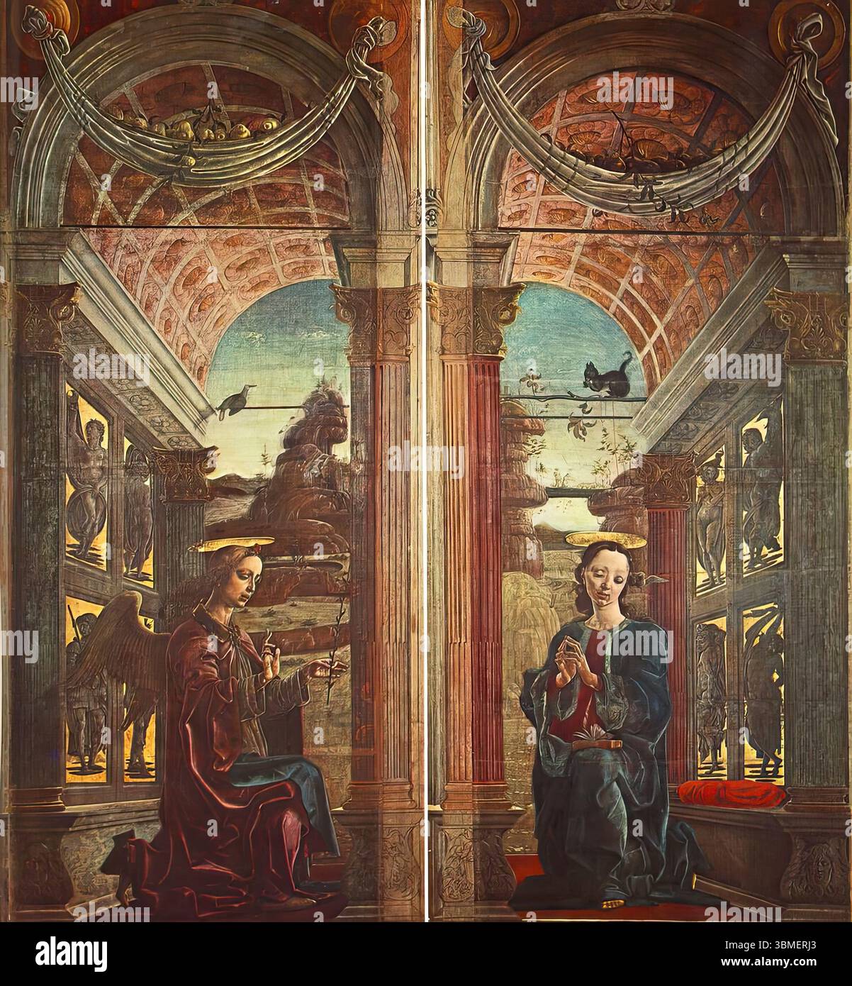 TURA, Cosme (c.a. 1430, Ferrara, d. 1495, Ferrara) Annunciazione 1469 Tempera su tela, 349 x 305 cm Museo del Duomo, Ferrara nel 1469 la copertina dell'organo del Duomo di Ferrara fu dipinta da Tura. L'Annunciazione era visibile nello stato chiuso dell'organo, mentre nello stato aperto era mostrato il pannello che rappresentava San Giorgio e il Drago. La copertura dell'organo fu trasferita al Museo nel 1735. *** Parole chiave: ************* Autore: TURA, Cosme titolo: Annunciazione Time-line: 1451-1500 Scuola: Italian form: Painting Type: Religious Foto Stock