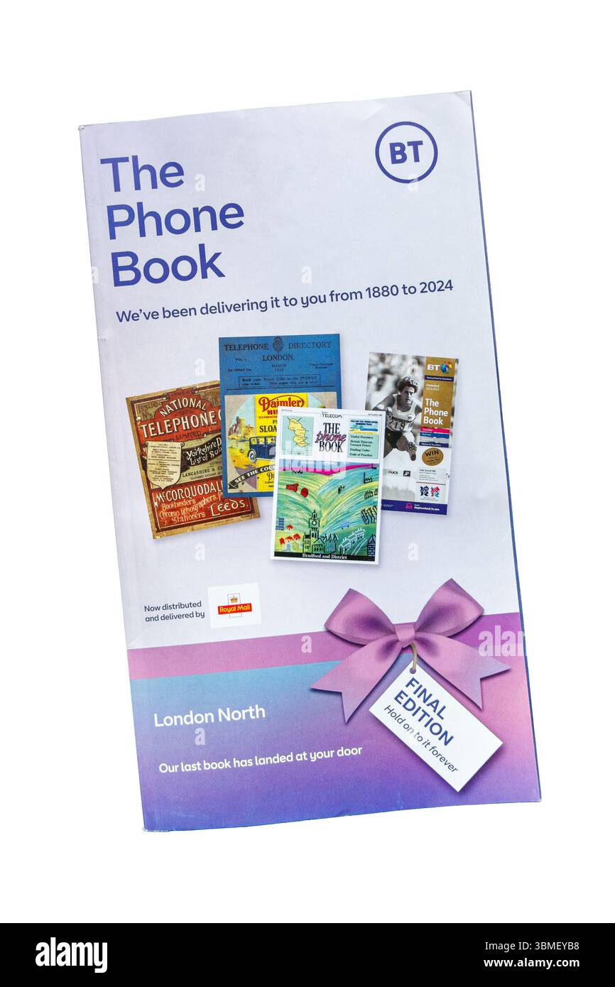 L'ultima edizione stampata di The Phone Book, distribuita da Royal mail, London North Edition, isolata su sfondo bianco Foto Stock