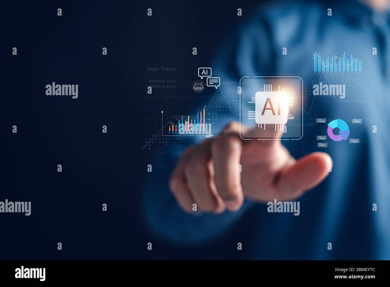 Tecnologia IA con analisi dei dati, grafici e dashboard finanziario. Foto Stock