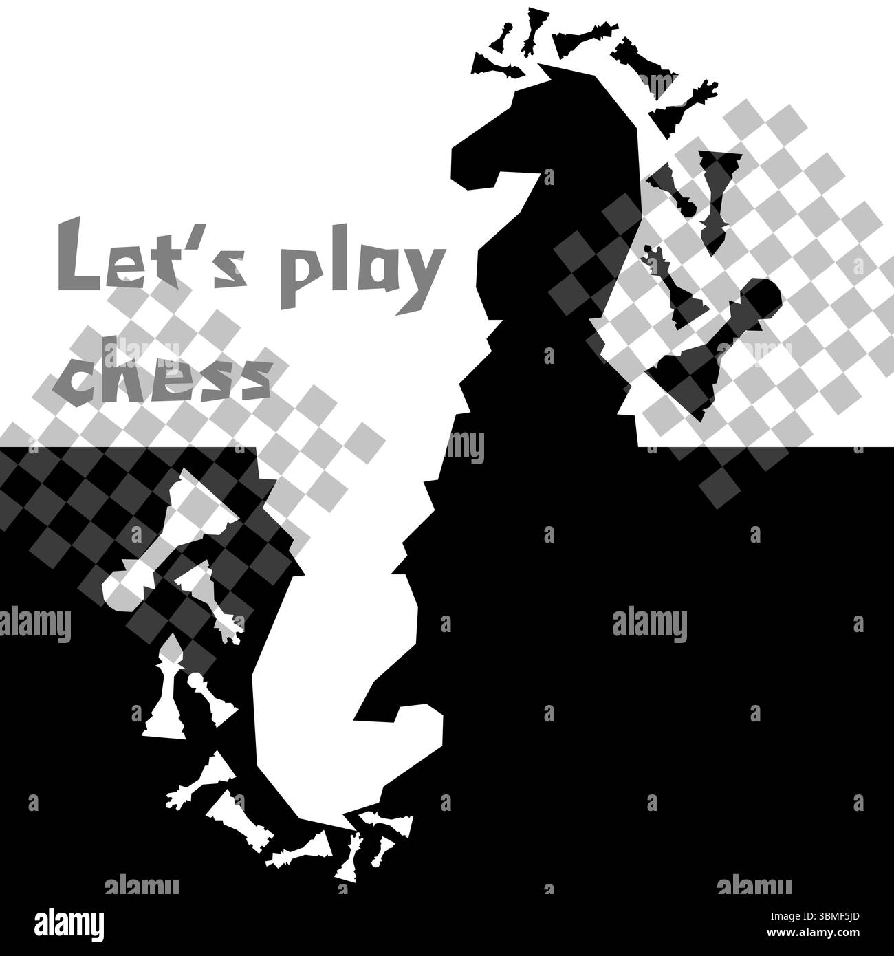 Sfondo scacchistico bianco e nero. Disegno del volantino per sfondo a scacchi illustrativo. Post per il torneo di scacchi, concetto di giorno degli scacchi Illustrazione Vettoriale