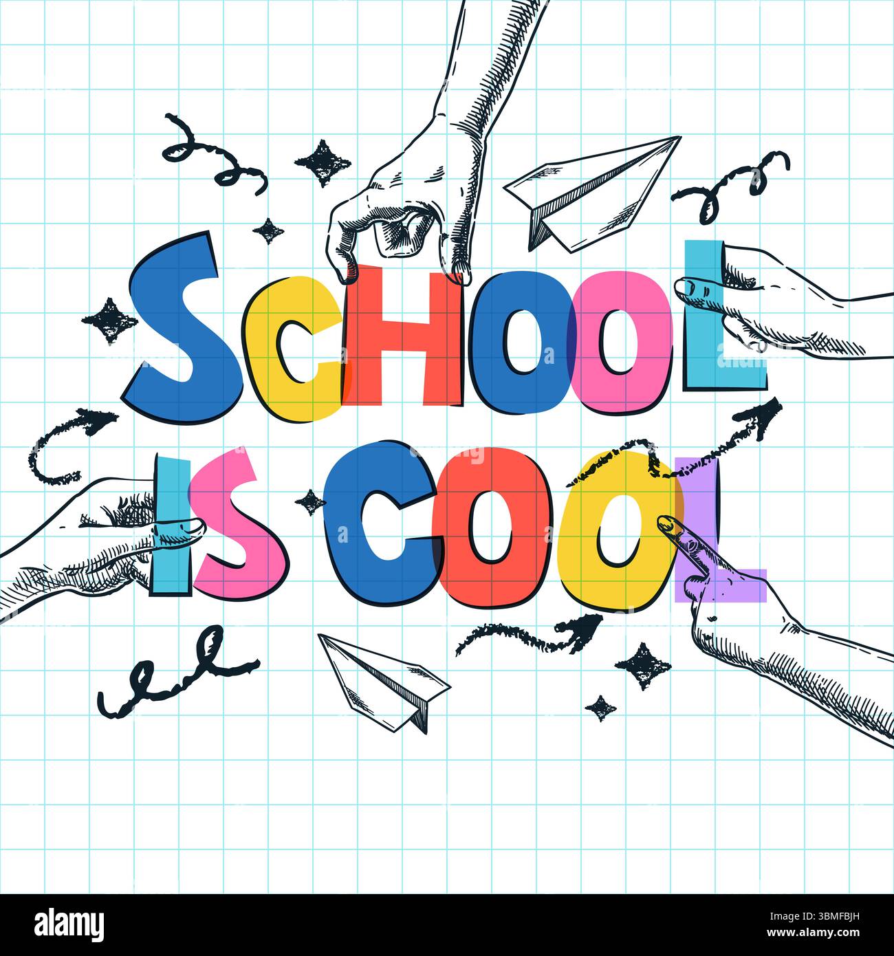 La scuola è una bella scrittura. Elementi di design per banner o poster per il ritorno a scuola. Lettere vivaci nelle mani dei bambini. Illustrazione del collage dello schizzo disegnato a mano vettoriale Illustrazione Vettoriale