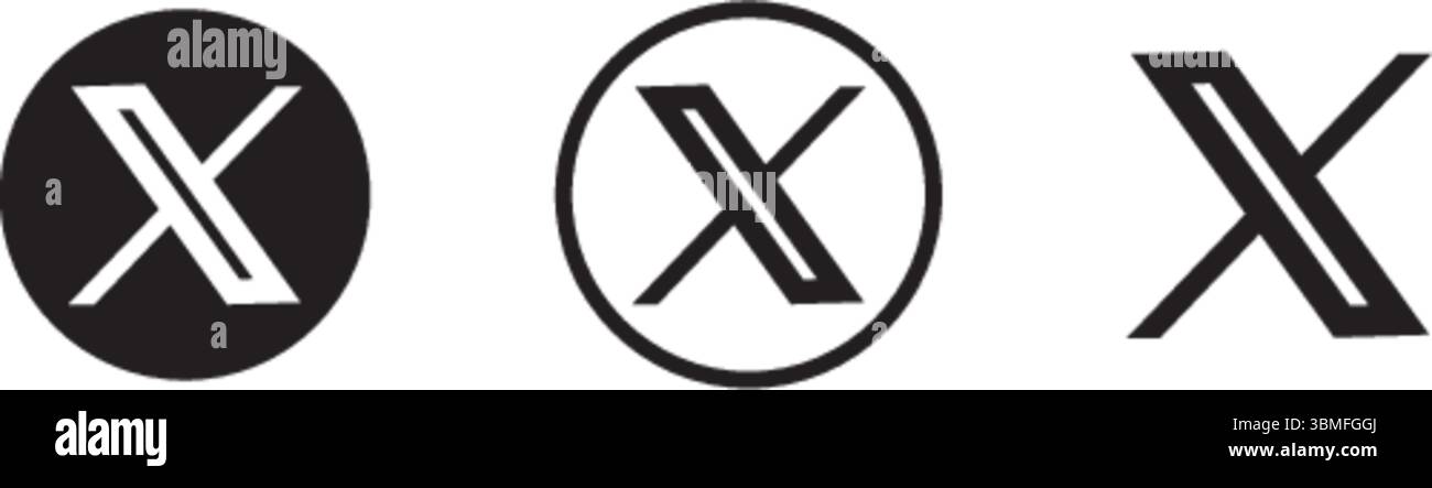 X logo della piattaforma di social media in diverse versioni, logo vettoriale della piattaforma di social media X. Illustrazione Vettoriale