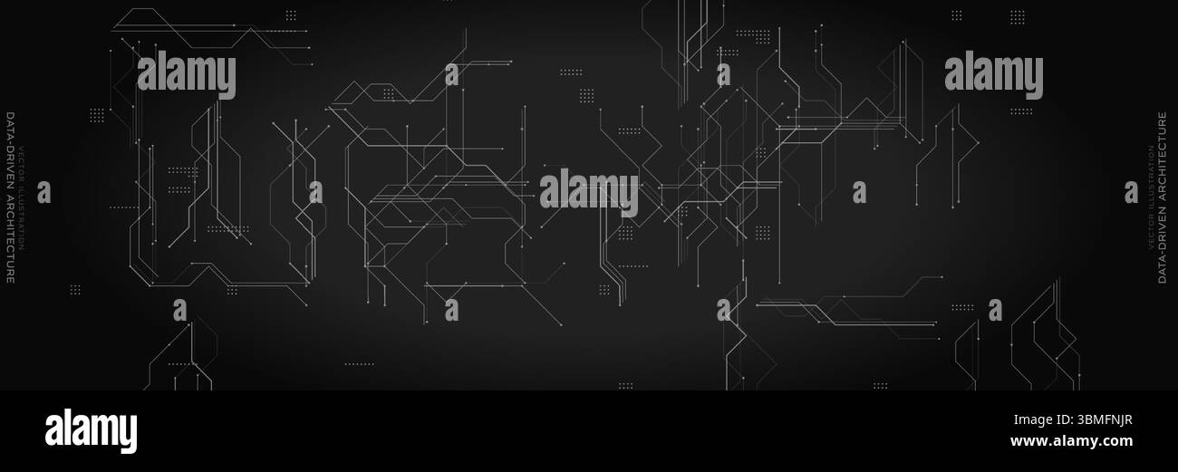 Background dell'architettura dati con linee di circuito. Design tecnologico minimale scuro, perfetto per analisi, sistemi IT e strutture software. Elegante Illustrazione Vettoriale