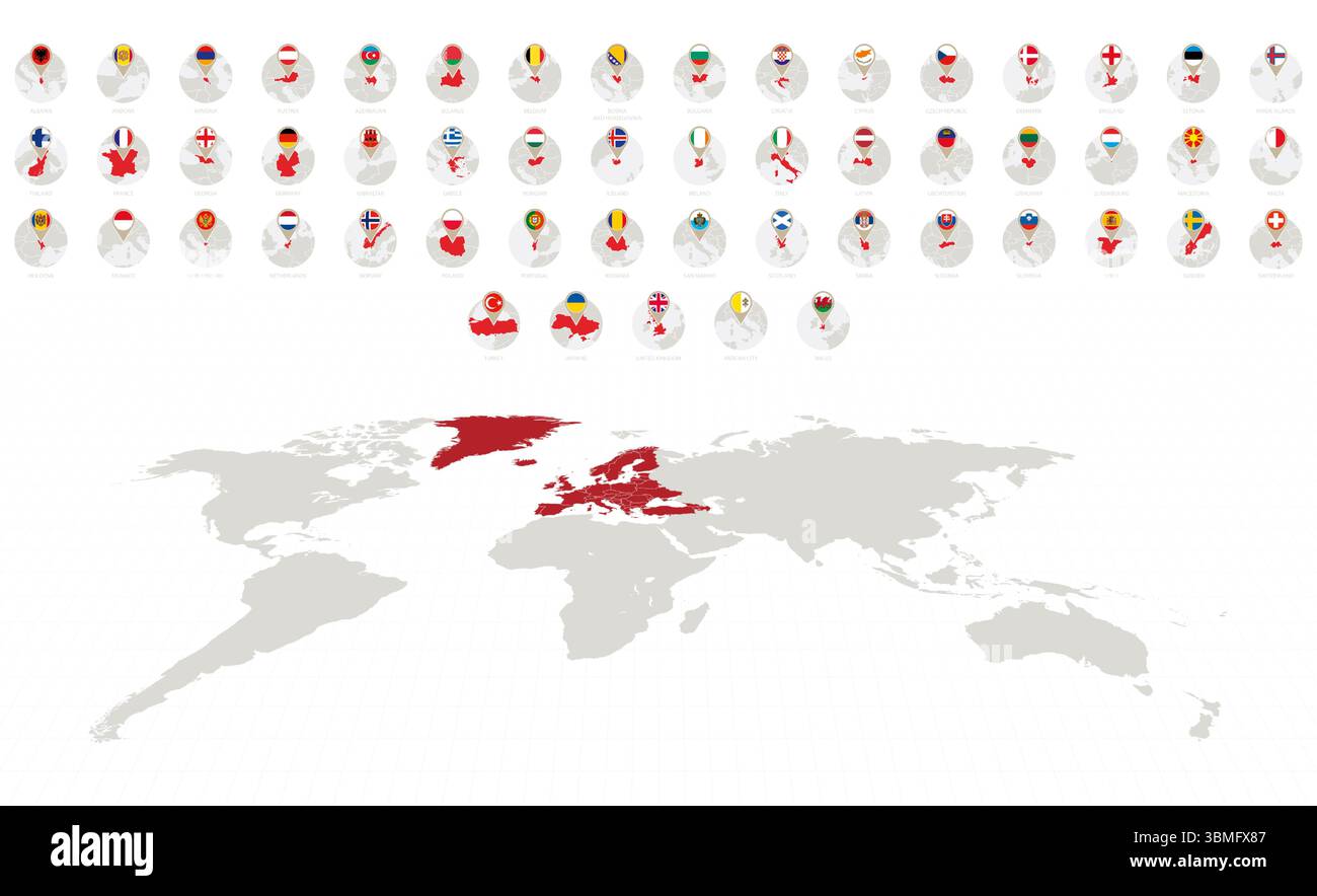 Icone circolari con bandiere e mappe dei paesi europei, in ordine alfabetico. Raccolta vettoriale Illustrazione Vettoriale