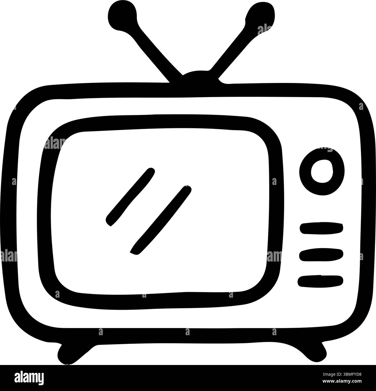 Televisore vecchio stile con antenna e due semplici linee visualizzate sullo schermo. Si tratta di un'icona disegnata a mano Illustrazione Vettoriale