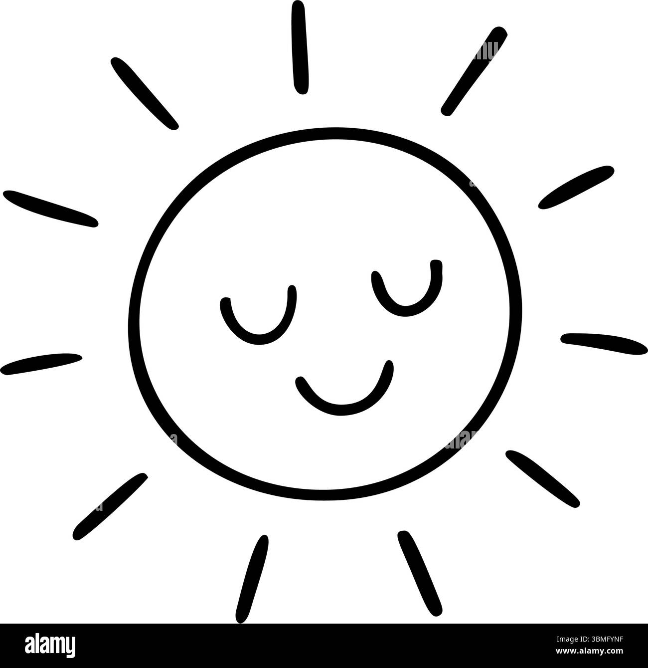 Il sole sorridente con gli occhi sonnolenti è illustrato con semplici linee disegnate a mano. Calore irradiato in uno stile minimalista e vettoriale, perfetto per varie pr creative Illustrazione Vettoriale