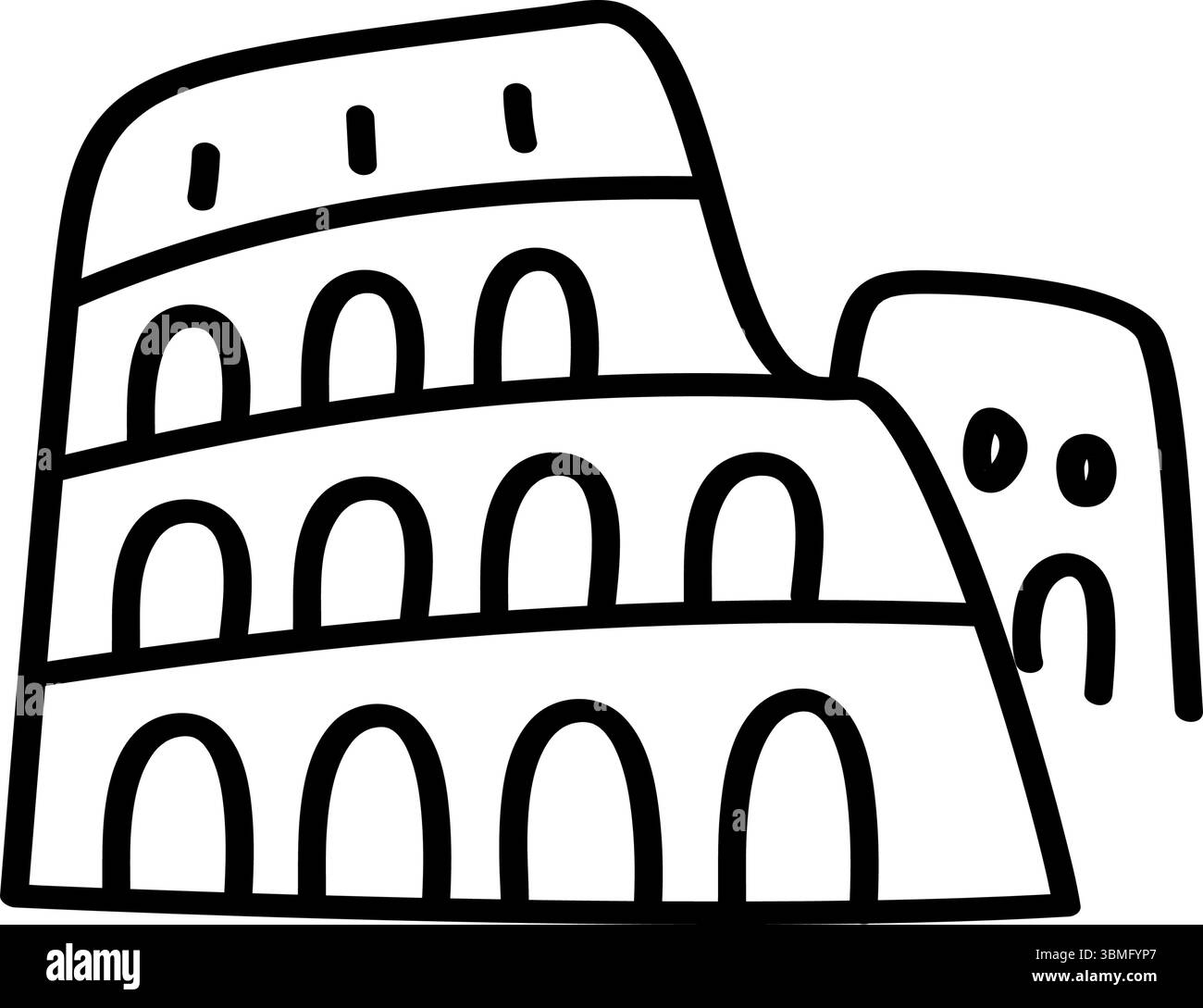 Un'illustrazione vettoriale disegnata a mano mostra il Colosseo di Roma, Italia. Semplice icona nera del monumento su uno sfondo bianco pulito Illustrazione Vettoriale