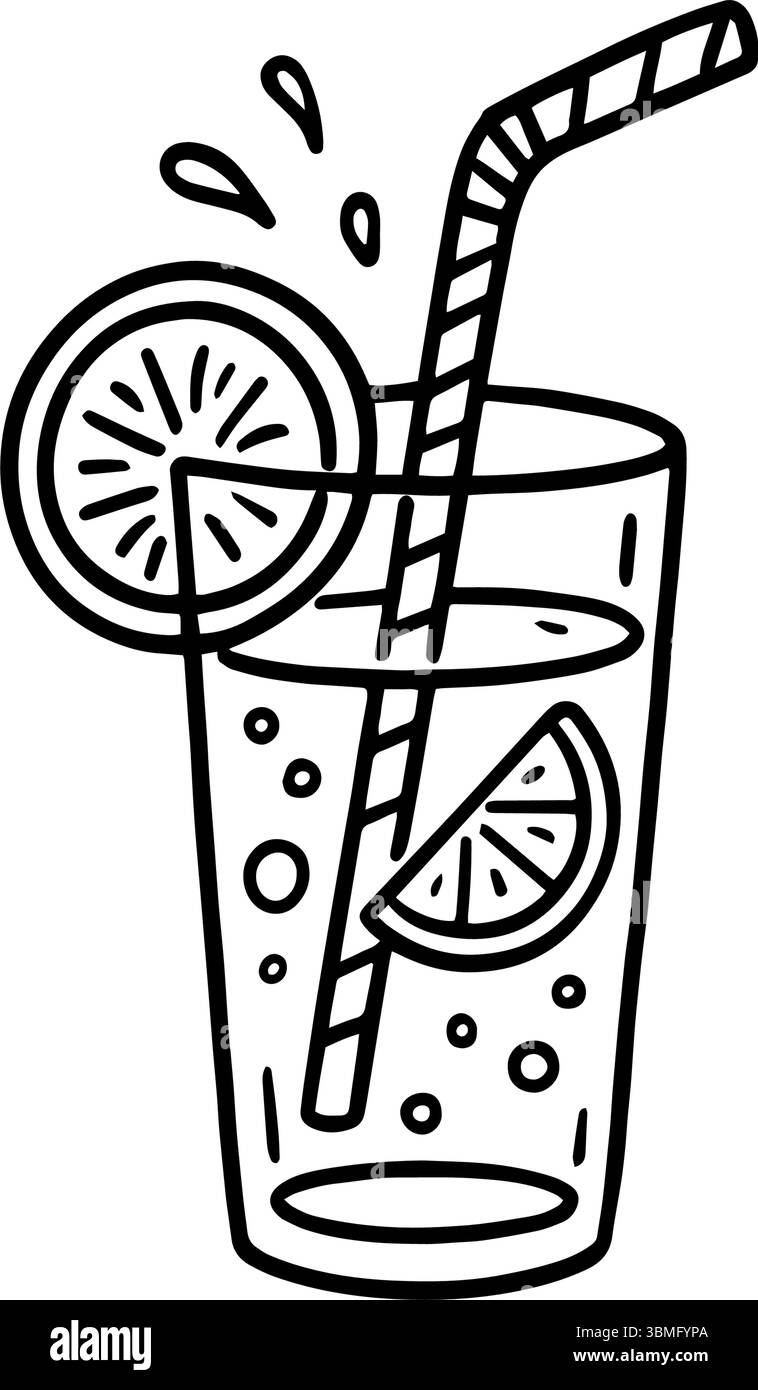 Un bicchiere alto riempito con una bevanda limpida, fette di limone e bollicine. Una cannuccia e una decorazione a fette di limone completano il design a forma di scarabocchio disegnato a mano Illustrazione Vettoriale