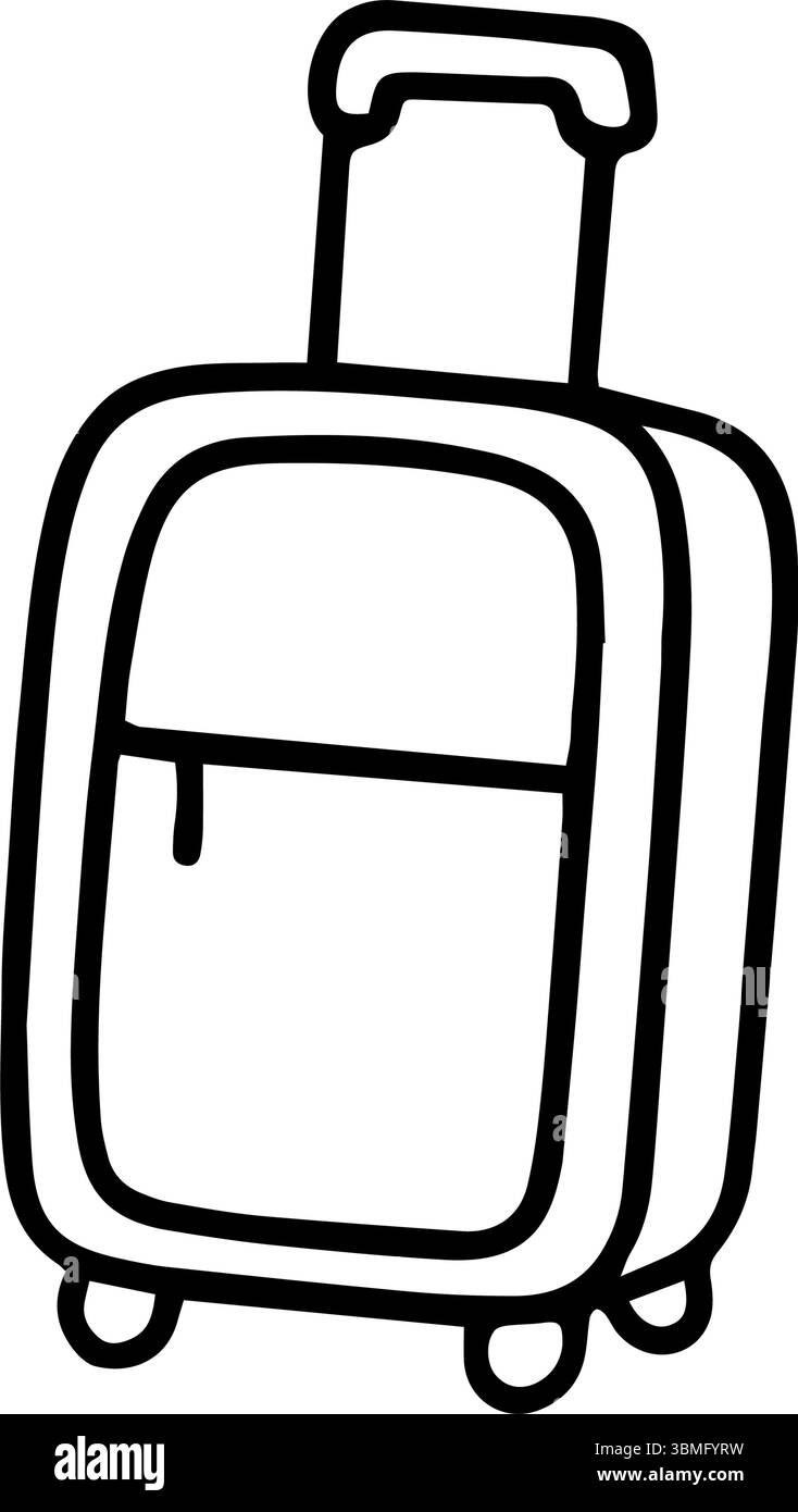 Un doodle bianco e nero presenta una semplice valigia disegnata a mano. È dotato di un manico retrattile e di ruote, perfetto per pianificare le vacanze in trav Illustrazione Vettoriale