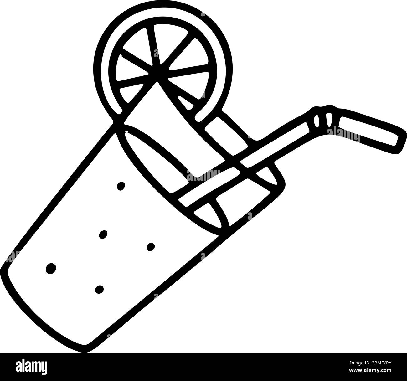 Illustrazione vettoriale disegnata a mano di un bicchiere rinfrescante con una bevanda. Una paglia e una fetta di limone guarniscono la bevanda, pronta per il piacere estivo Illustrazione Vettoriale