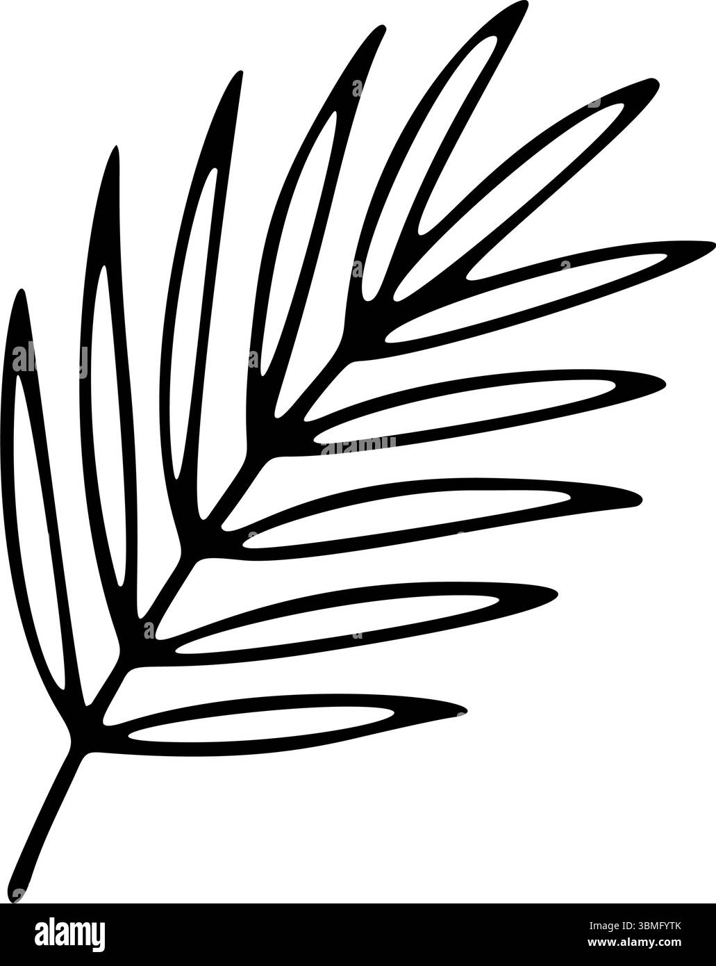 Il contorno nero rappresenta una foglia di palma stilizzata. La foglia ha diversi volantini appuntiti lungo il suo stelo, tutti presentati come una grafica semplice ed elegante Illustrazione Vettoriale