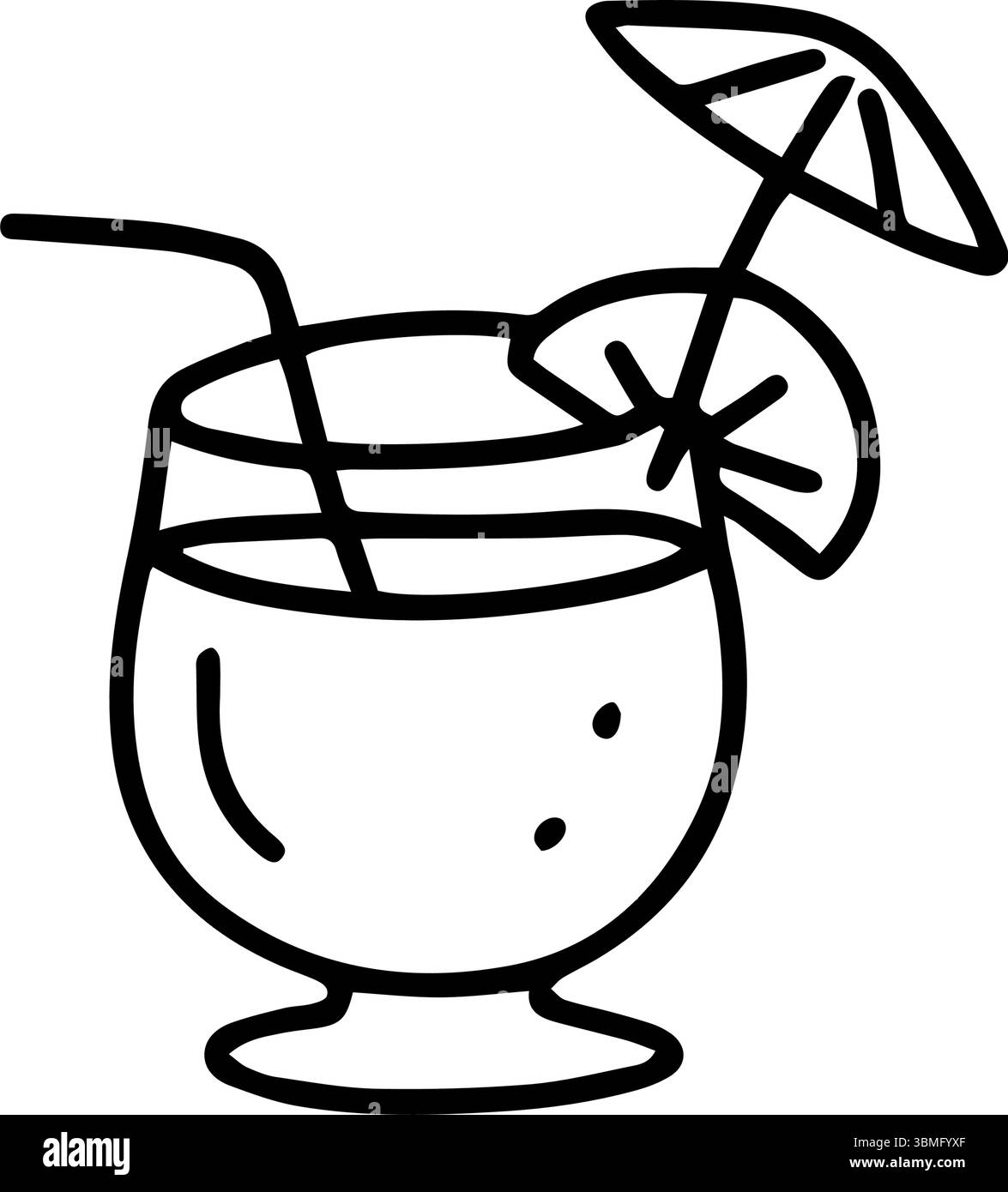 Una semplice illustrazione in linea mostra un bicchiere da cocktail riempito con una bevanda, adornato con una paglia, una fetta di agrumi e un ombrello decorativo Illustrazione Vettoriale