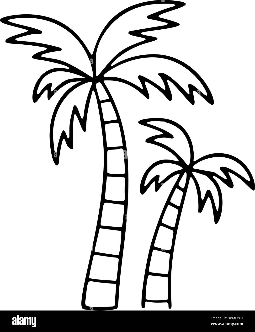 Sono esposte due palme. L'albero più grande è a sinistra. Quello più piccolo è a destra. Entrambi sono delineati con uno stile disegnato a mano Illustrazione Vettoriale