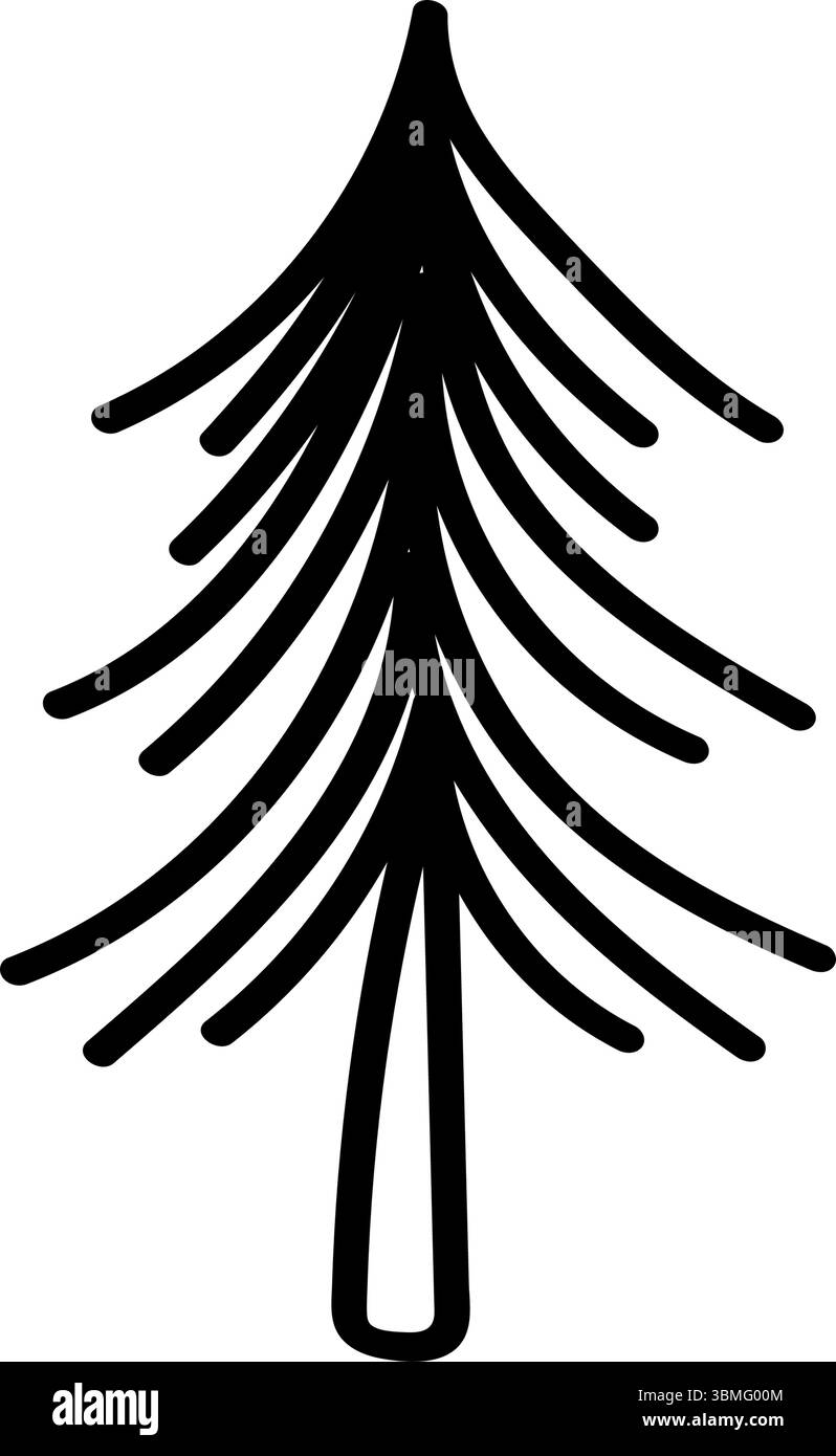 Un contorno minimale in bianco e nero di un albero di pino. L'albero è stilizzato con linee disegnate a mano, stile illustrazione vettoriale Illustrazione Vettoriale