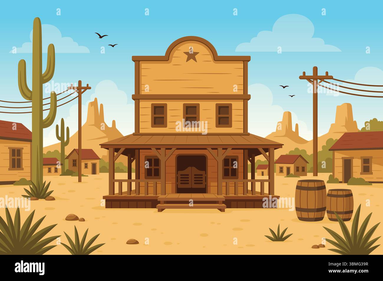 Un'illustrazione vettoriale di Old Desert Western Cowboy Town Illustrazione Vettoriale