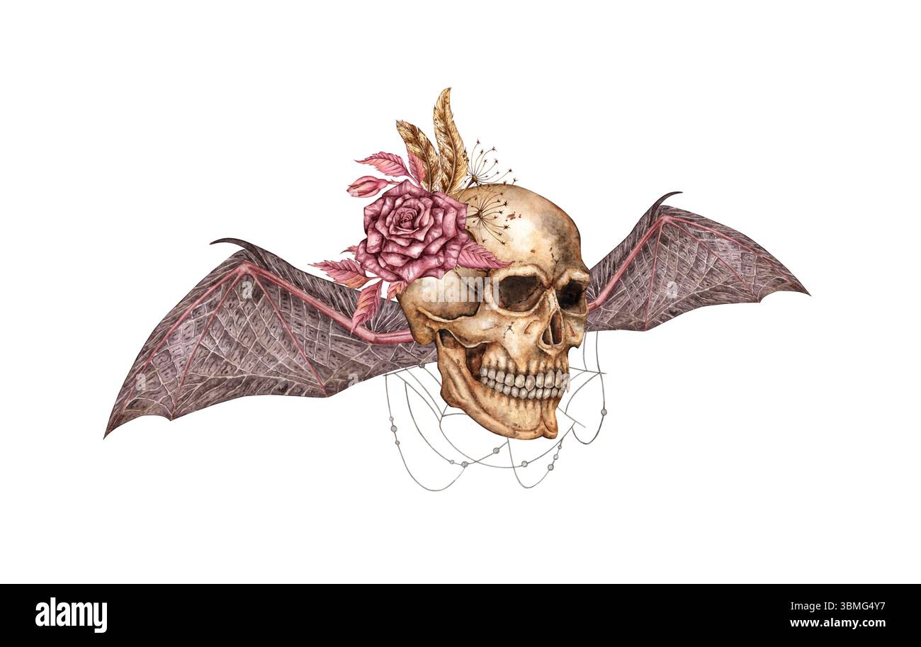 Cranio umano profilo realistico con le ali di pipistrello rosa e illustrazione ad acquerello ragnatela. Ossa in stile gotico. Giorno dei morti, Halloween, dia de lo Foto Stock