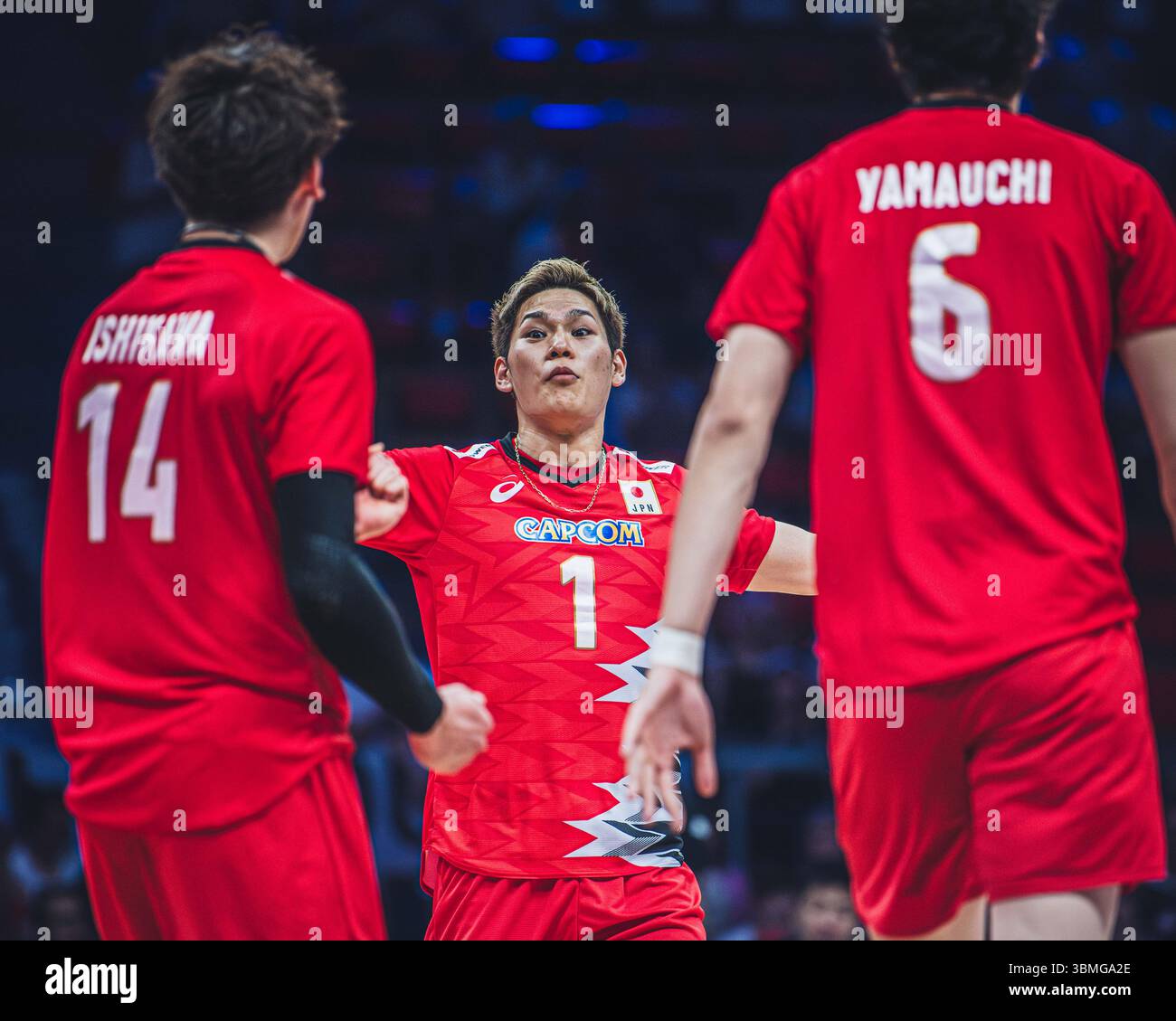 Giappone vs Canada durante la partita maschile FIVB Volleyball Nations League 2024 del 27 giugno a Łódź, Polonia. Foto Stock
