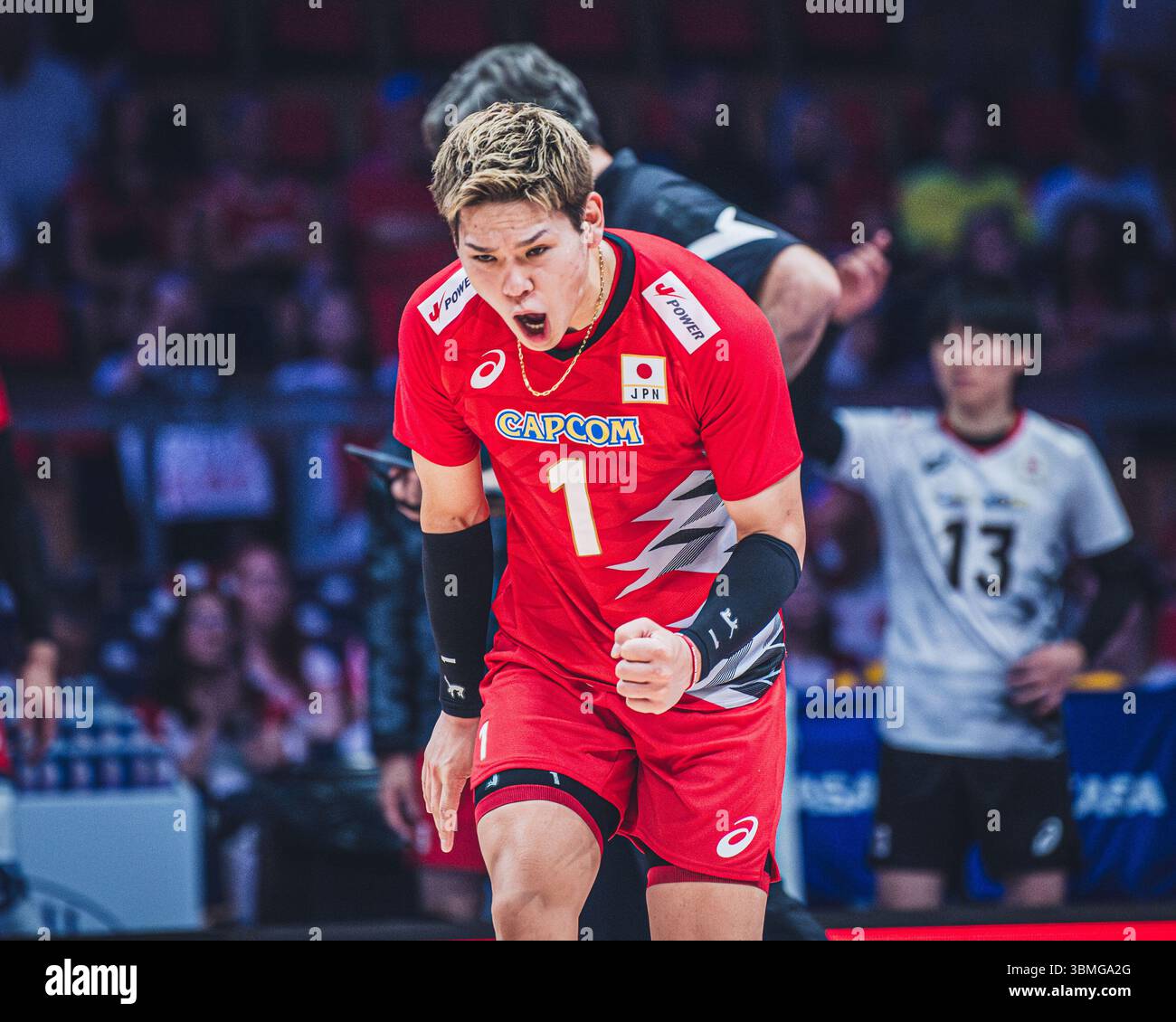 Giappone vs Canada durante la partita maschile FIVB Volleyball Nations League 2024 del 27 giugno a Łódź, Polonia. Foto Stock