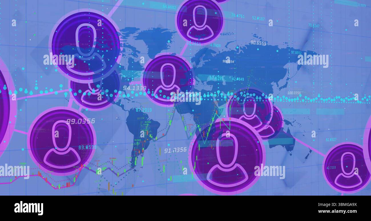 Visualizzazione di un gruppo di icone utente viola che si connettono sulla mappa del mondo blu, mostrando le metriche globali Foto Stock