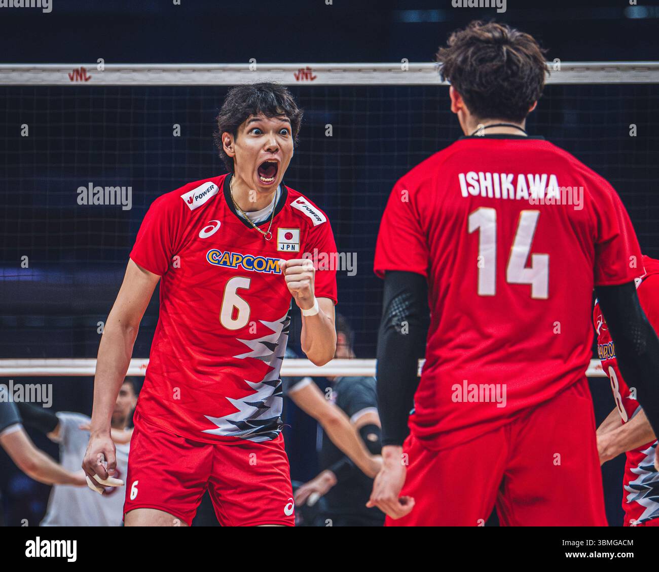 Giappone vs Canada durante la partita maschile FIVB Volleyball Nations League 2024 del 27 giugno a Łódź, Polonia. Foto Stock