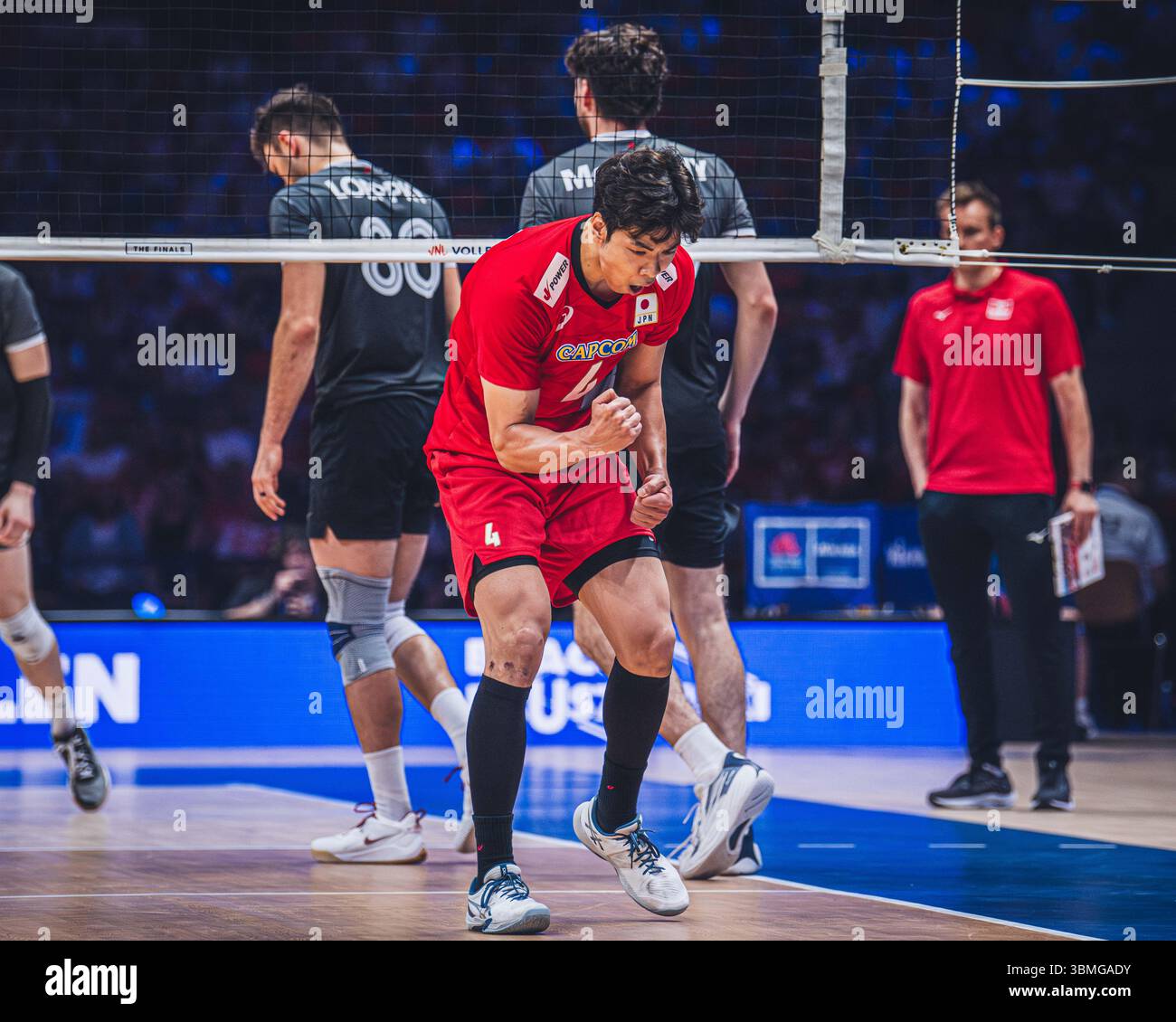 Giappone vs Canada durante la partita maschile FIVB Volleyball Nations League 2024 del 27 giugno a Łódź, Polonia. Foto Stock