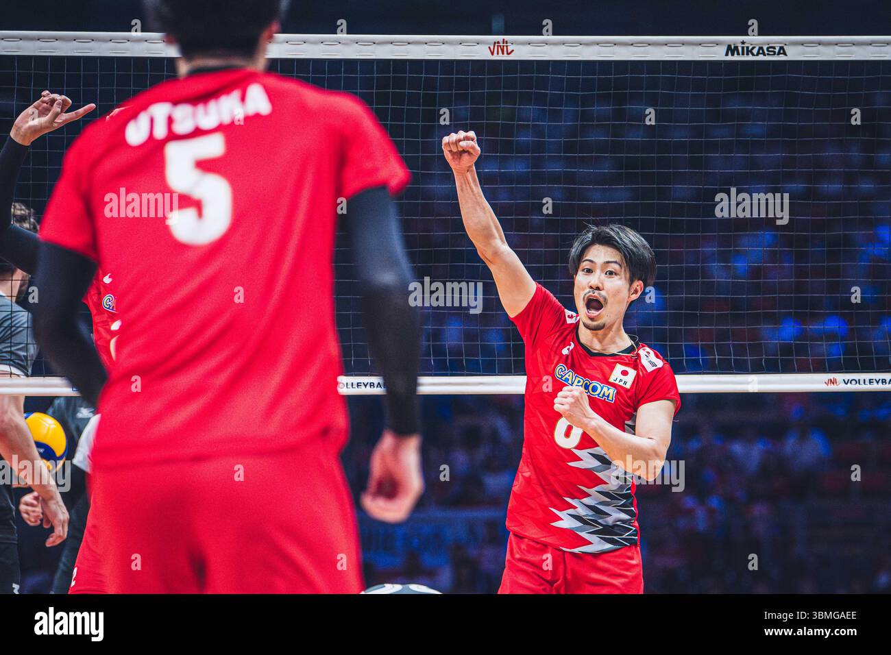Giappone vs Canada durante la partita maschile FIVB Volleyball Nations League 2024 del 27 giugno a Łódź, Polonia. Foto Stock