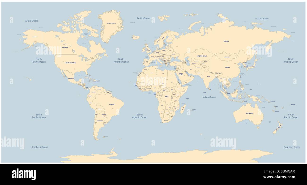 Vettore mappa mondiale. Illustrazione dettagliata della mappa del mondo Foto Stock