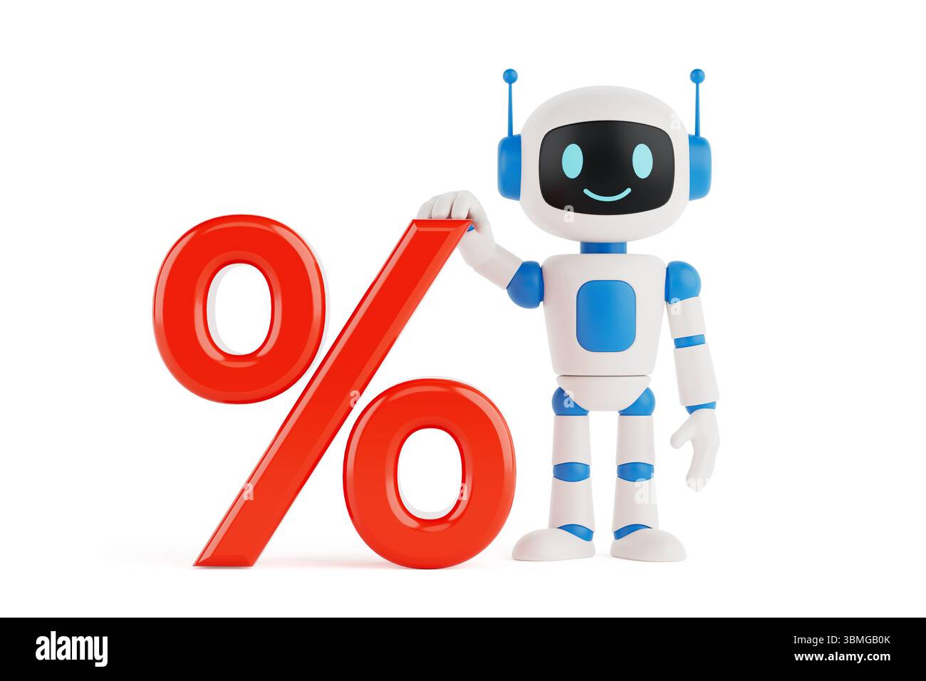 Concetto di finanza e sconto. Simpatica mascotte robot ai in piedi con simbolo percentuale rosso su sfondo bianco. Rendering 3d. Foto Stock