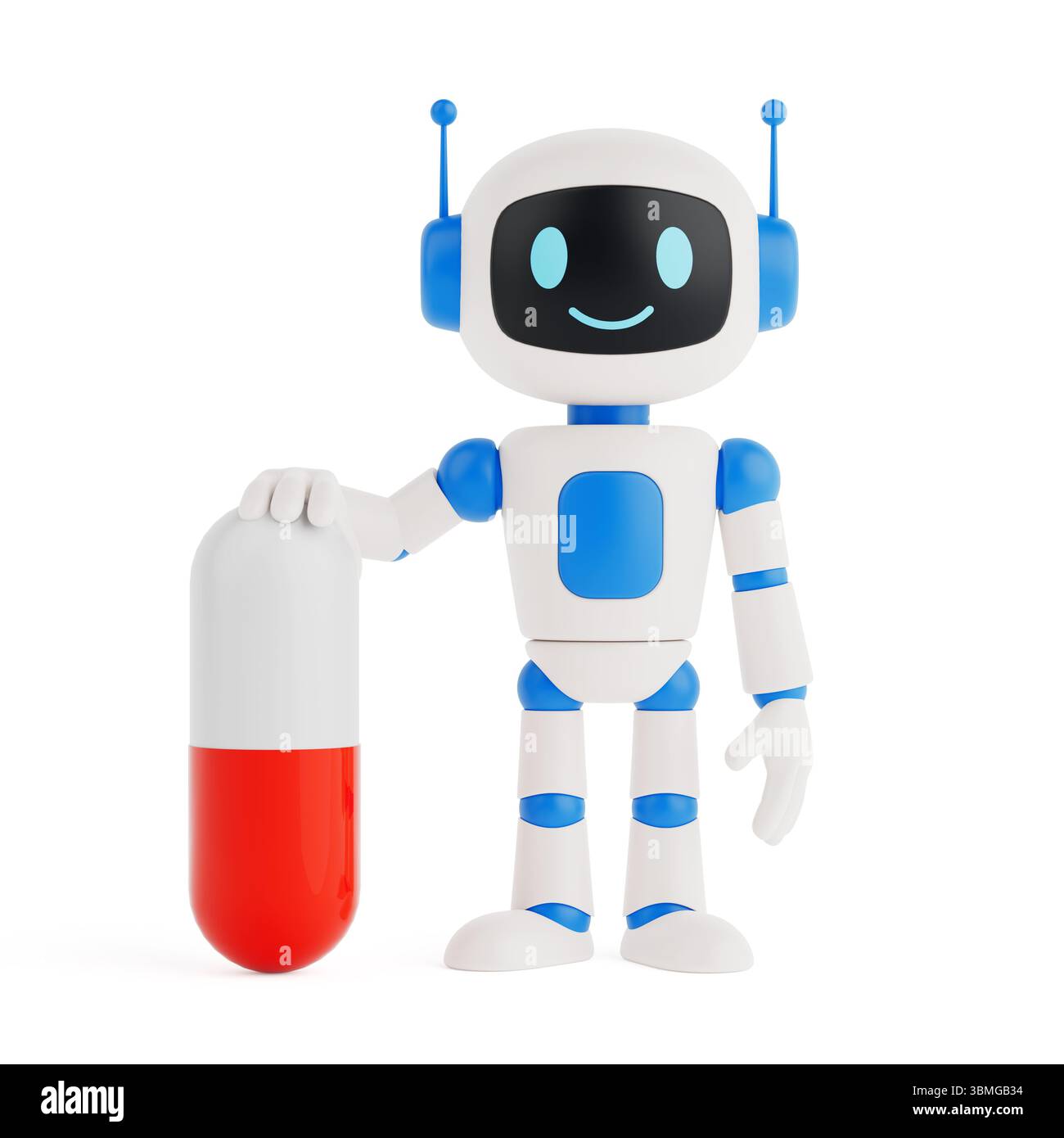 Concetto di innovazione tecnologica per il settore sanitario. Robot ai sorridente in piedi con grande capsula rossa su sfondo bianco. Rendering 3d. Foto Stock