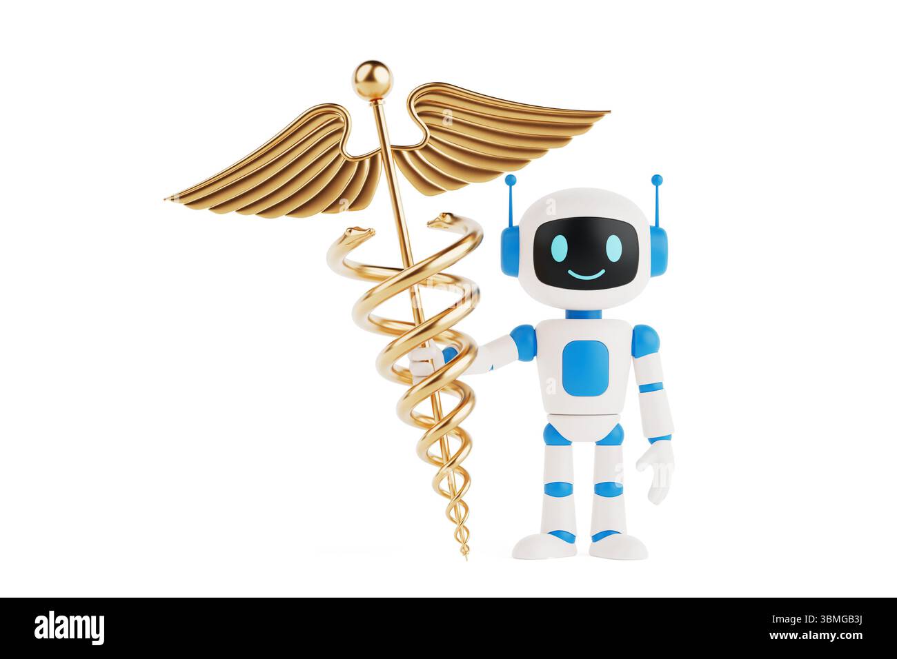 INTELLIGENZA ARTIFICIALE nel settore sanitario. Robot ai amichevole con simbolo Golden Caduceus su sfondo bianco brillante. Rendering 3d. Foto Stock