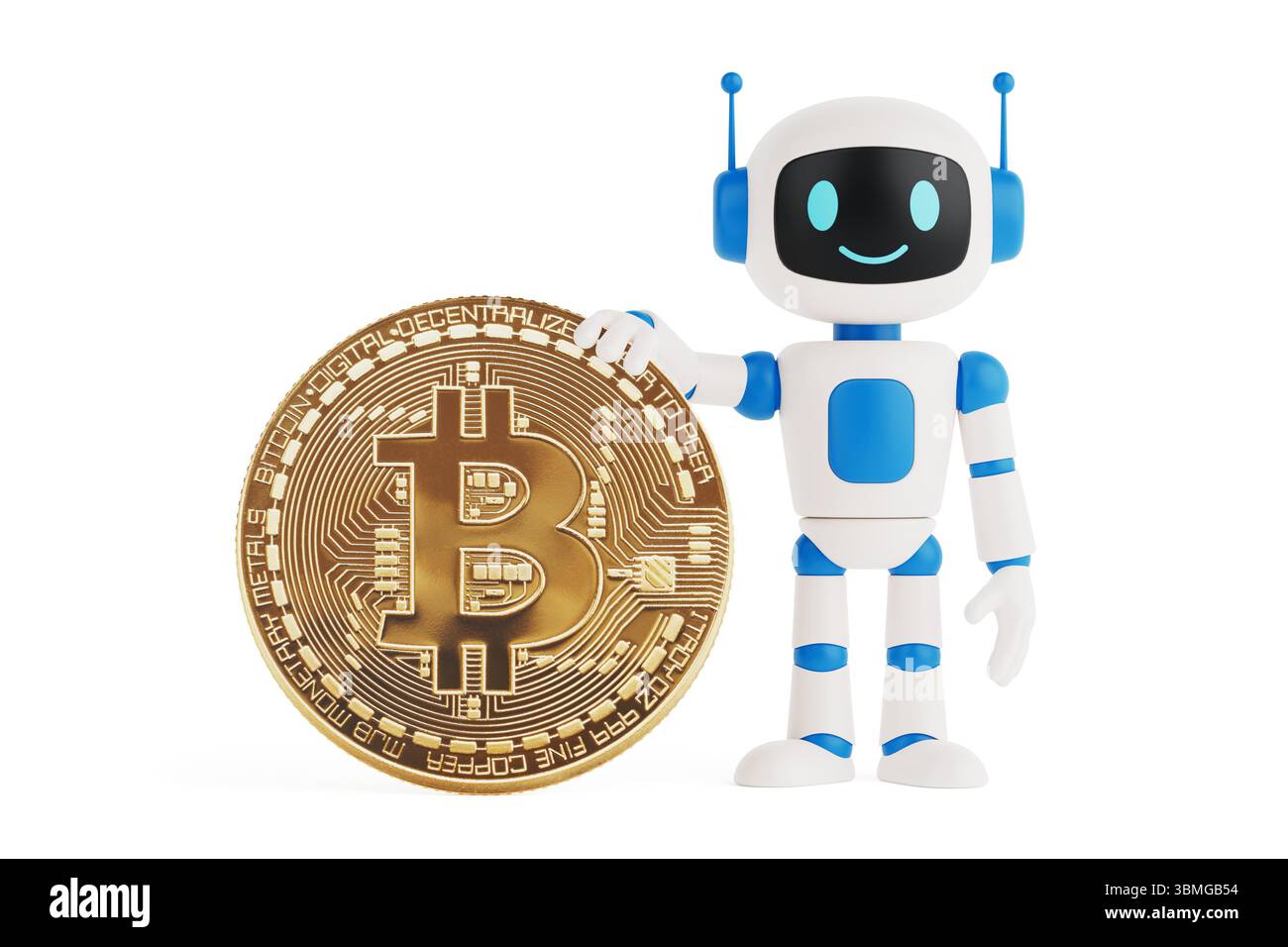Concetto di innovazione della criptovaluta. Adorabile robot ai bianco e blu con simbolo Bitcoin dorato gigante su sfondo bianco. Rendering 3d. Foto Stock