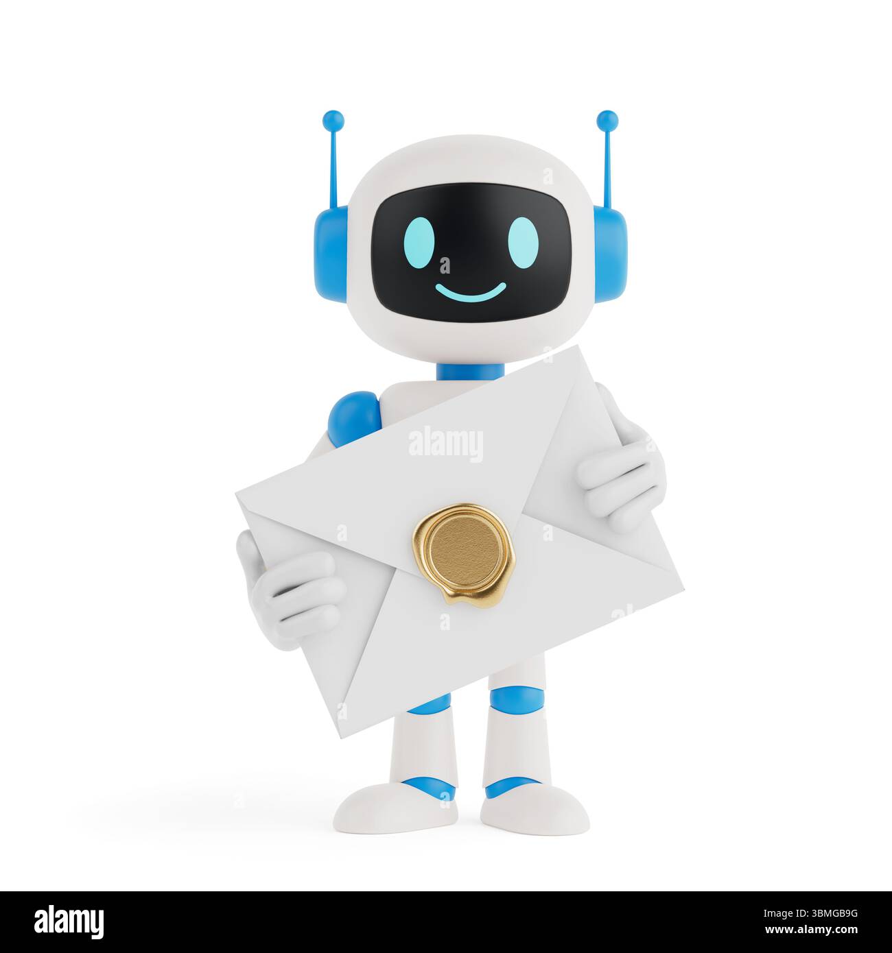Concetto di comunicazione dell'intelligenza artificiale. Robot di intelligenza artificiale sorridente che tiene la busta sigillata come simbolo del messaggio digitale sicuro su sfondo bianco. 3d. Foto Stock