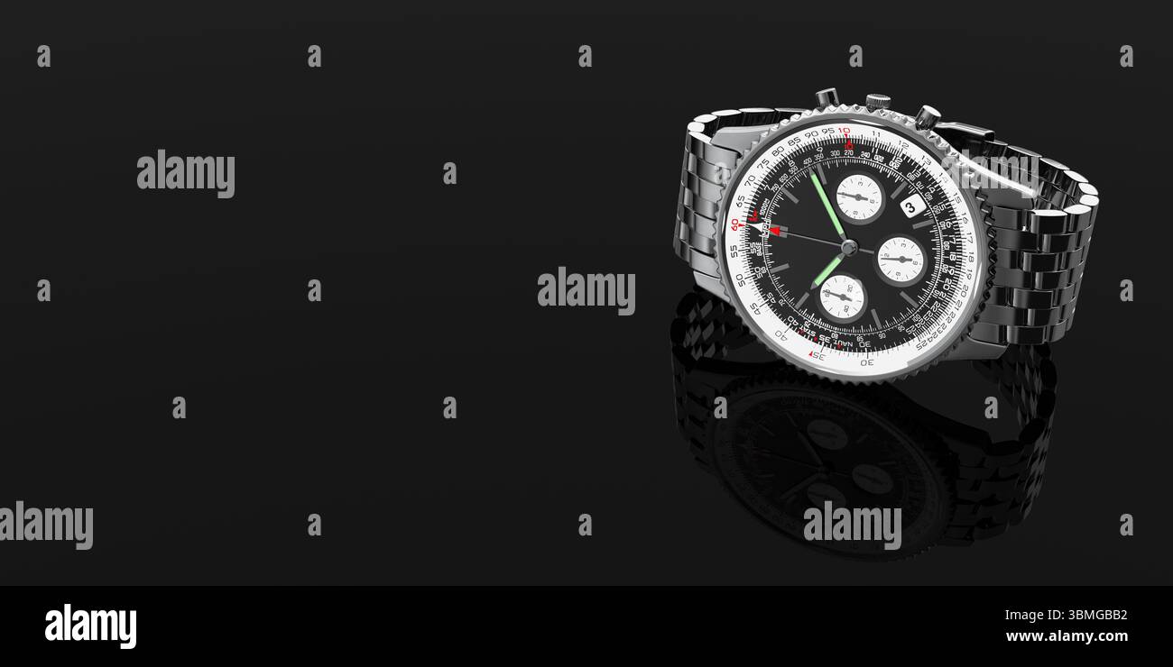 Concetto di Timekeeping di lusso. Classico orologio cronografo in argento con quadrante nero e bracciale in acciaio su sfondo scuro lucido. Rendering 3d. Foto Stock
