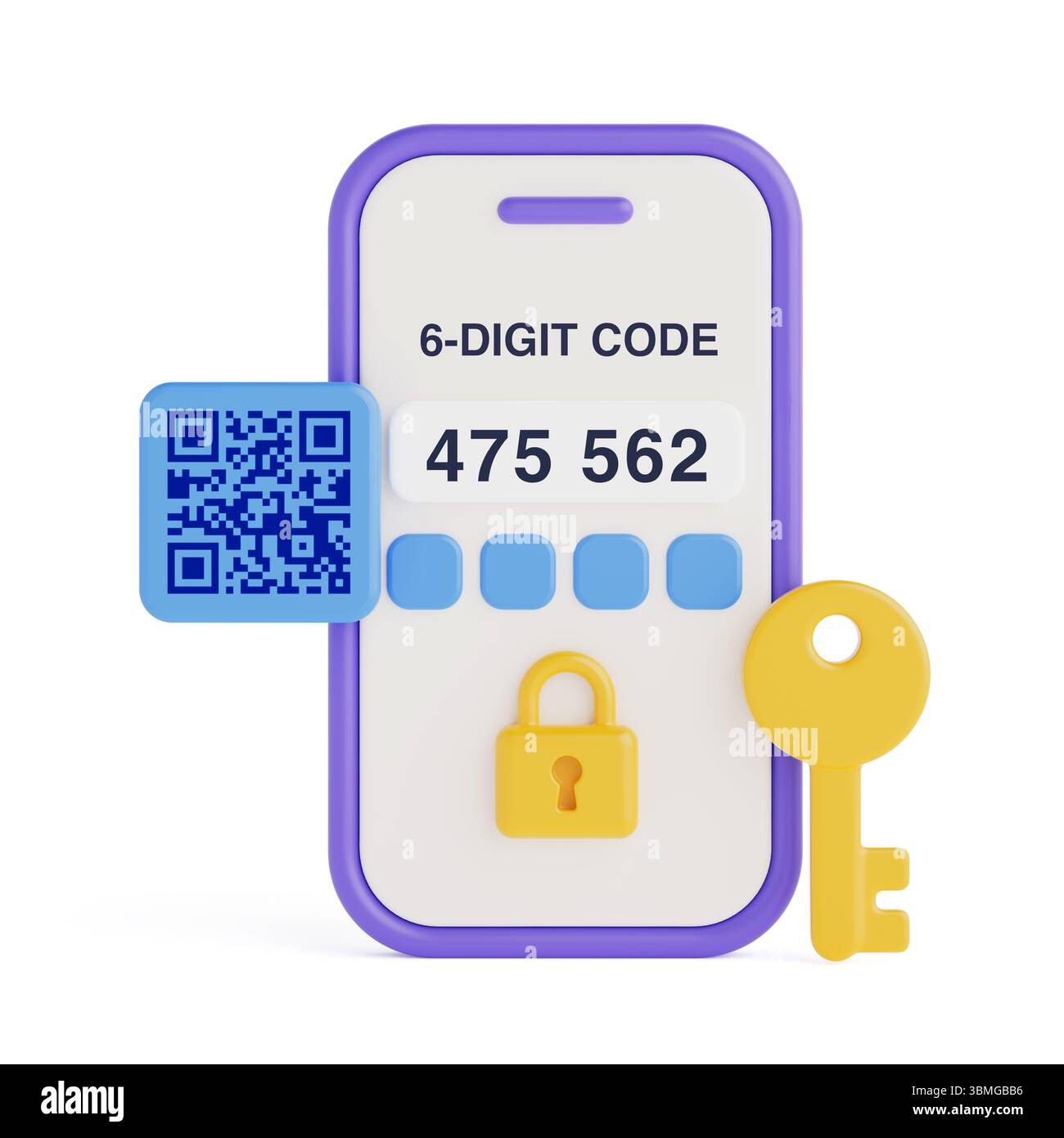 Concetto di sicurezza e verifica. Smartphone con codice 2FA, codice QR, lucchetto e icona chiave su sfondo bianco. Rendering 3d. Foto Stock