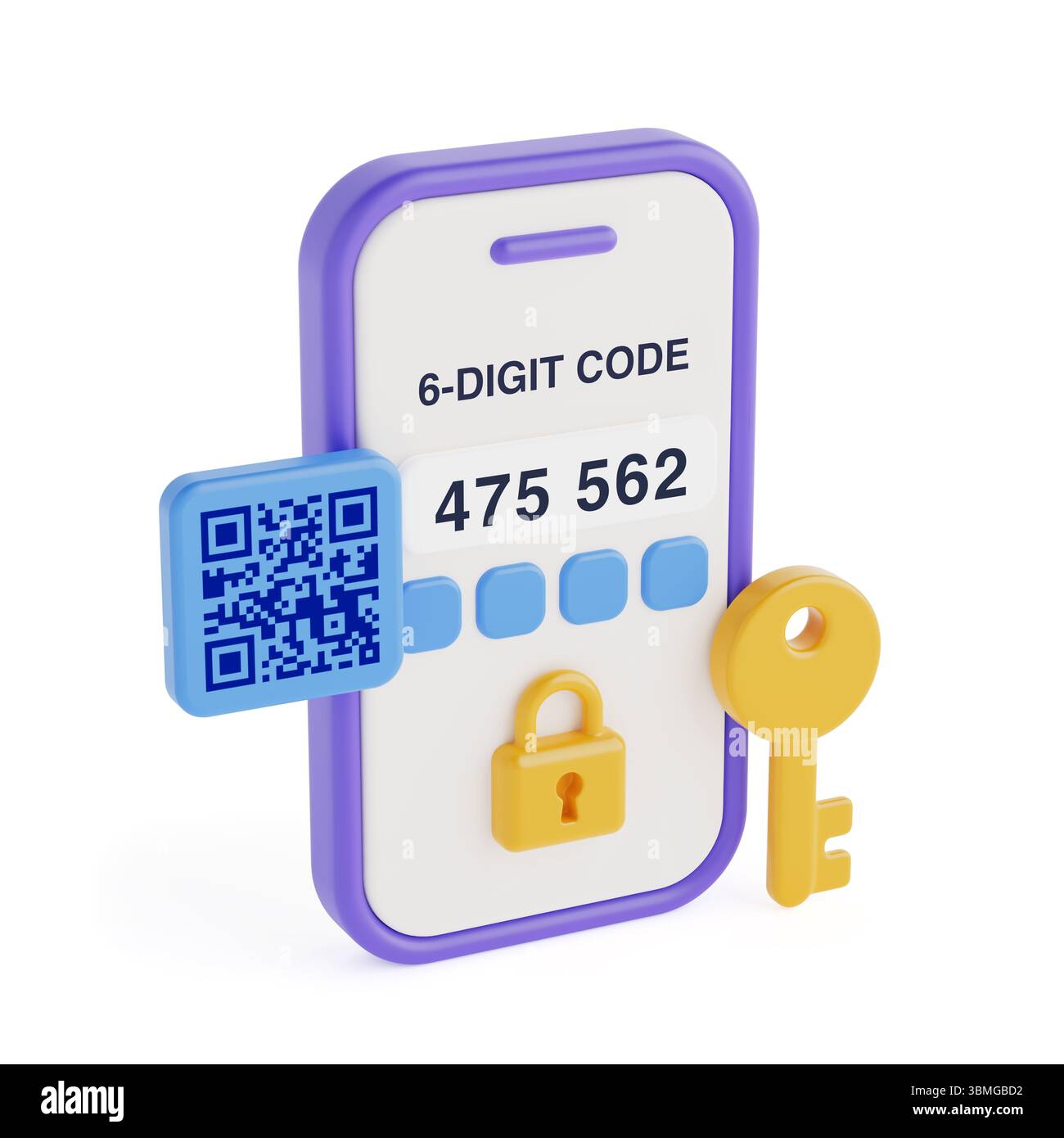 Concetto di sicurezza e verifica. Smartphone con codice 2FA, codice QR, lucchetto e icona chiave su sfondo bianco. Rendering 3d. Foto Stock