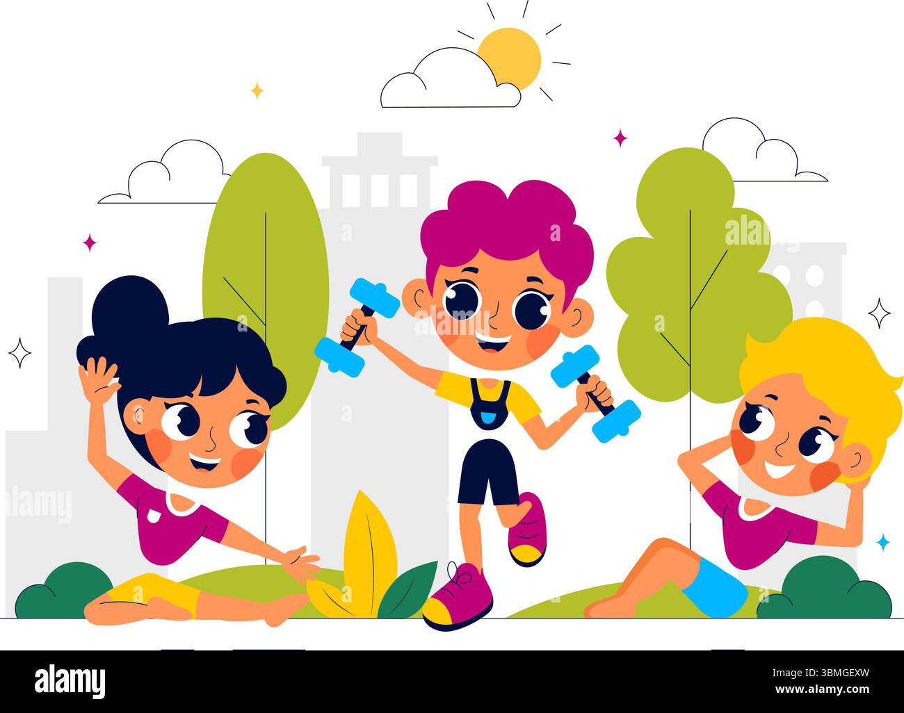 Illustrazione vettore esercizio per bambini con vari tipi di movimenti di esercizio sano per mantenere la salute e il fitness in uno sfondo di stile piatto Illustrazione Vettoriale