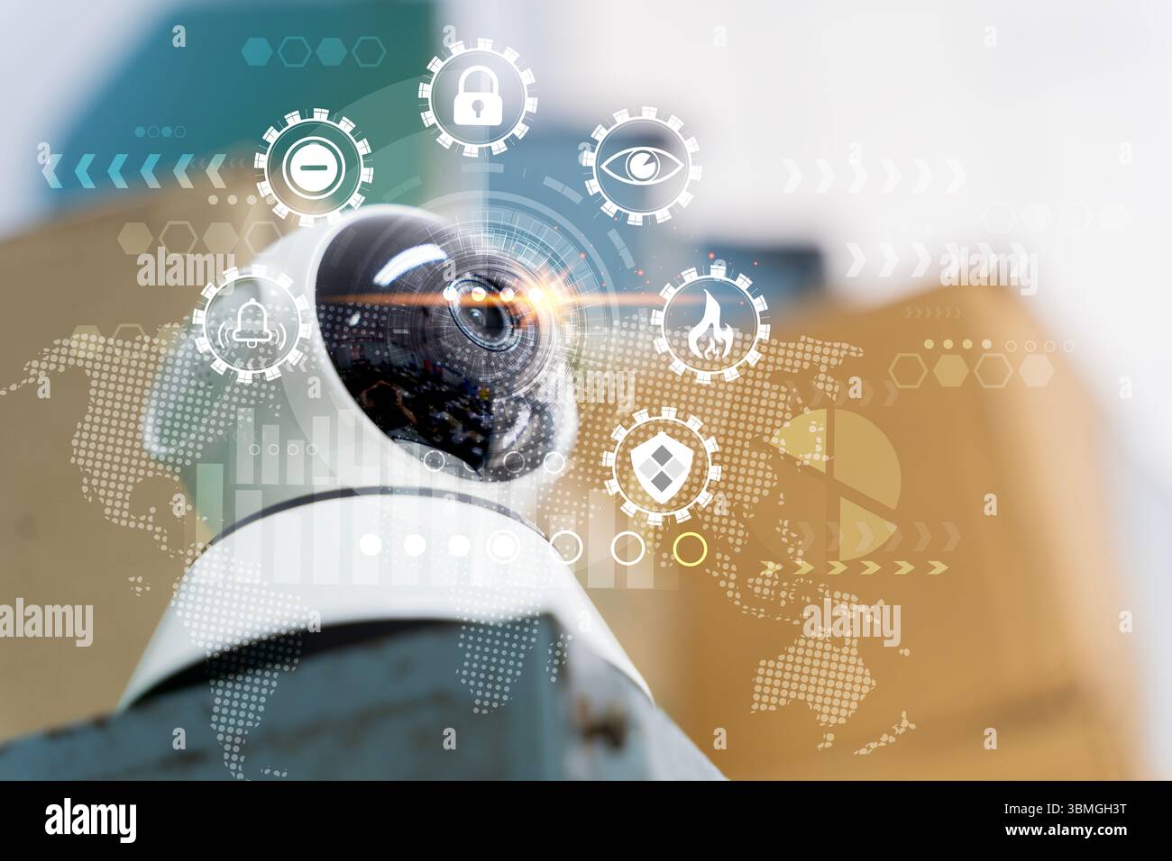 Smart camera high-tech con futuristiche icone digitali sovrapposte che rappresentano sicurezza informatica, sorveglianza, protezione dei dati, monitoraggio intelligente, tecnologia globale Foto Stock