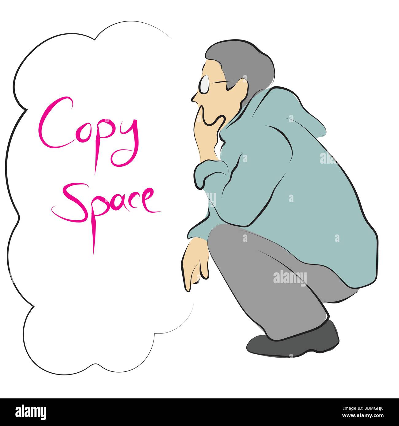 uomo con occhiali seduti e che pensa davanti a uno spazio vuoto a bolle vettore illustrato a mano con linee nere isolate su sfondo bianco. Illustrazione Vettoriale
