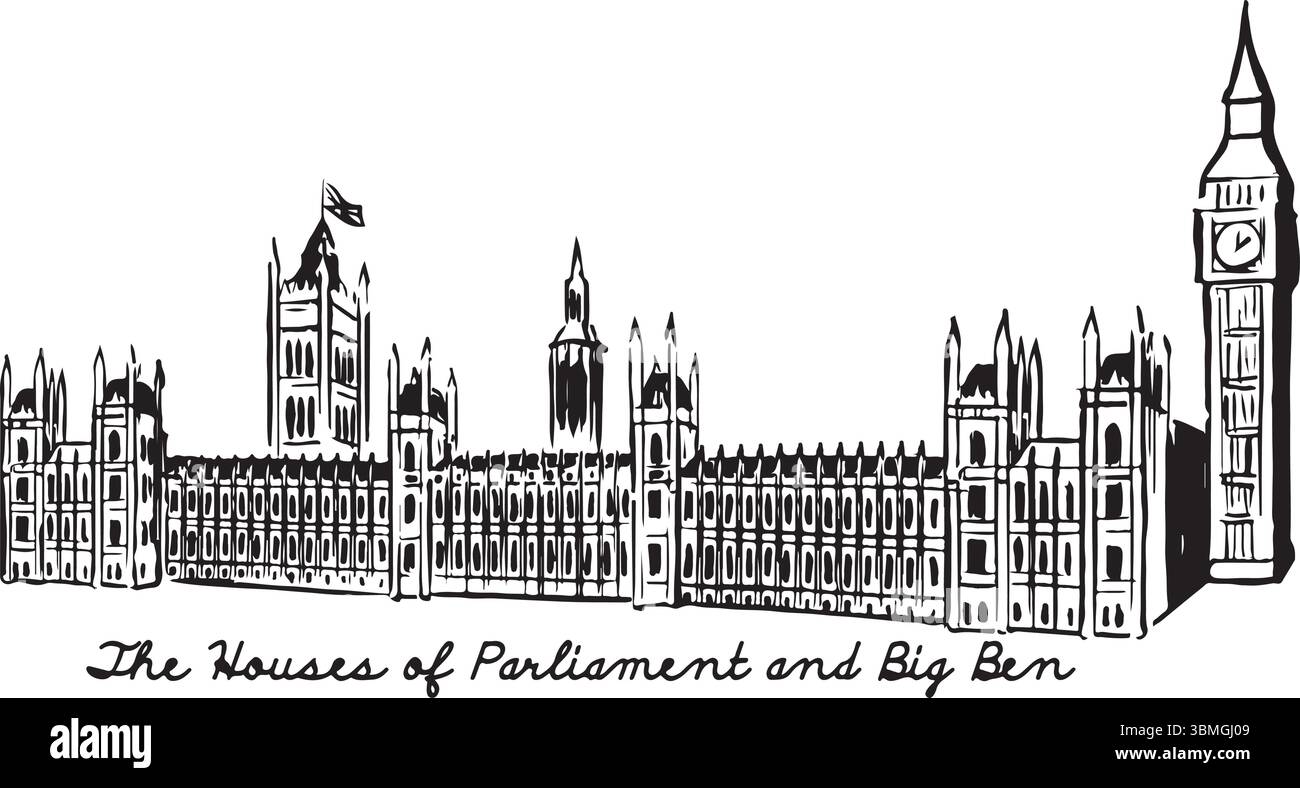La camera del Parlamento e il Big Ben illustrazione a inchiostro. Illustrazione a inchiostro di un'attrazione turistica di Londra. Disegni vettoriali di edifici famosi in Inghilterra. Illustrazione Vettoriale