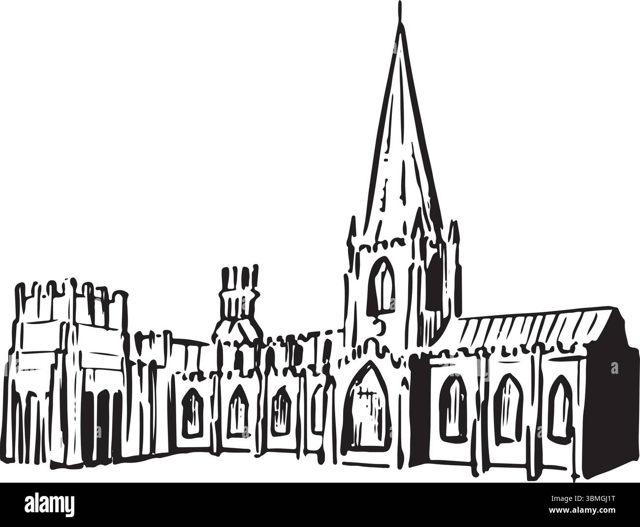 Cattedrale di Sheffield, Sheffield, Inghilterra, schizzo a inchiostro bianco e nero. Splendida architettura gotica con intricati lavori in pietra e significato storico. Illustrazione Vettoriale