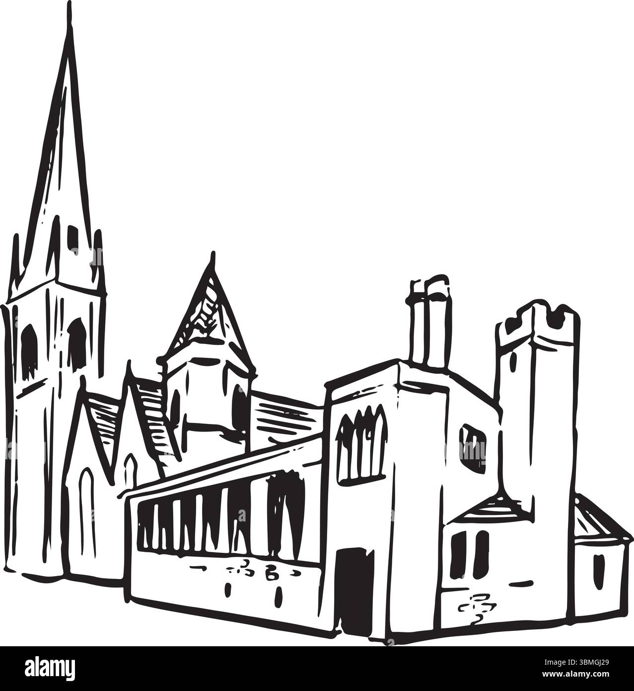 St Marie's Cathedral, Sheffield, Inghilterra, schizzo a inchiostro bianco e nero. Splendida architettura in stile neogotico con intricati lavori in pietra e vetrate colorate Illustrazione Vettoriale