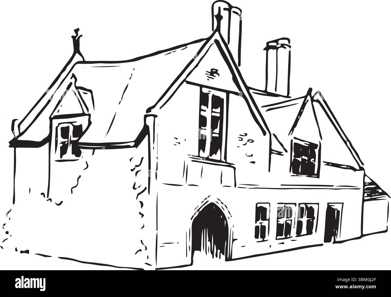 Jesmond Dene Banqueting Hall, Newcastle, Inghilterra, disegno a inchiostro bianco e nero. Edificio storico di epoca vittoriana con eleganti lavori in pietra e archi Illustrazione Vettoriale
