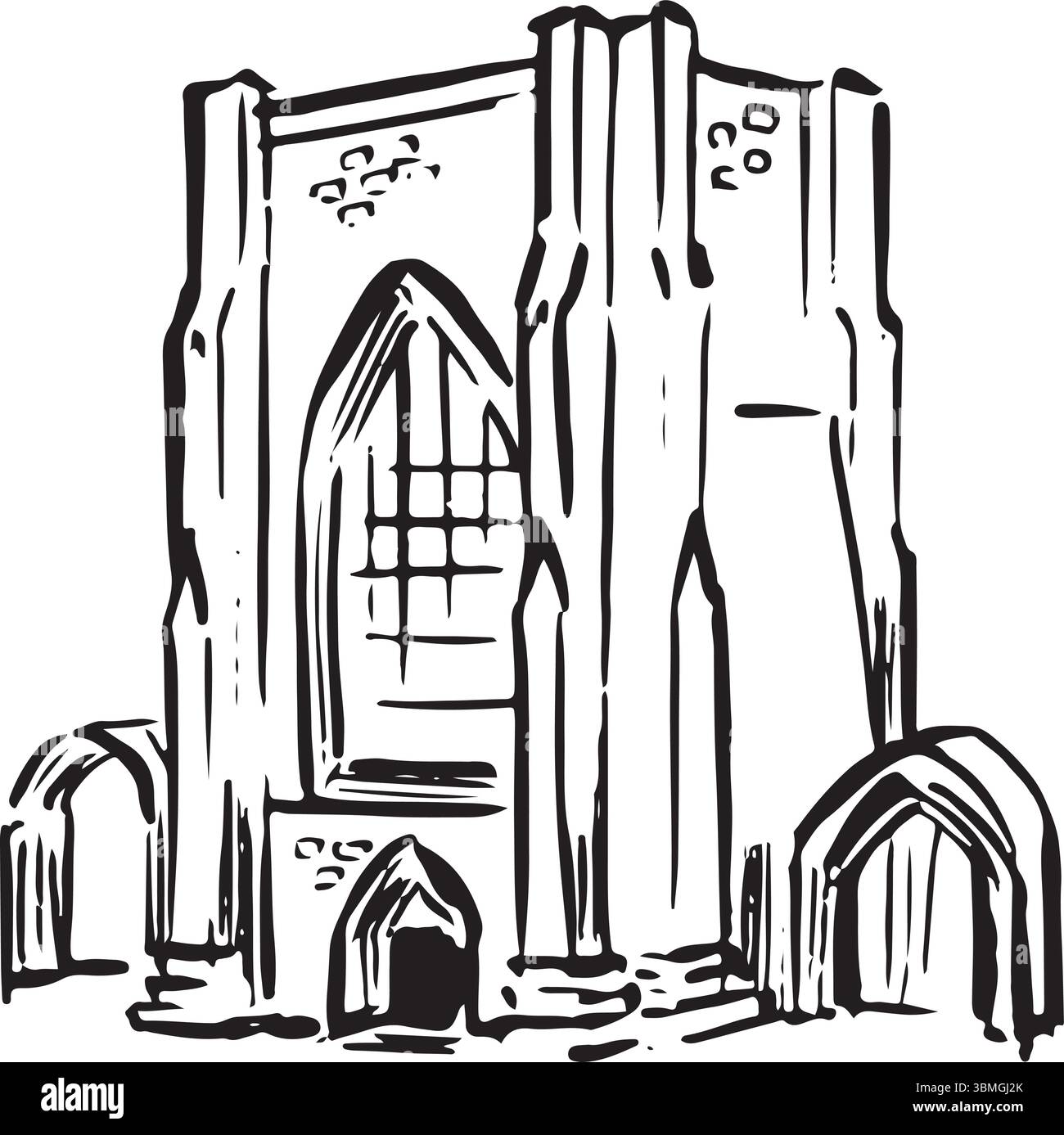 Beauchief Abbey, Sheffield, Inghilterra, schizzo a inchiostro bianco e nero. Storico monastero medievale con pittoresche rovine in pietra e ricco patrimonio culturale. Turismo Illustrazione Vettoriale