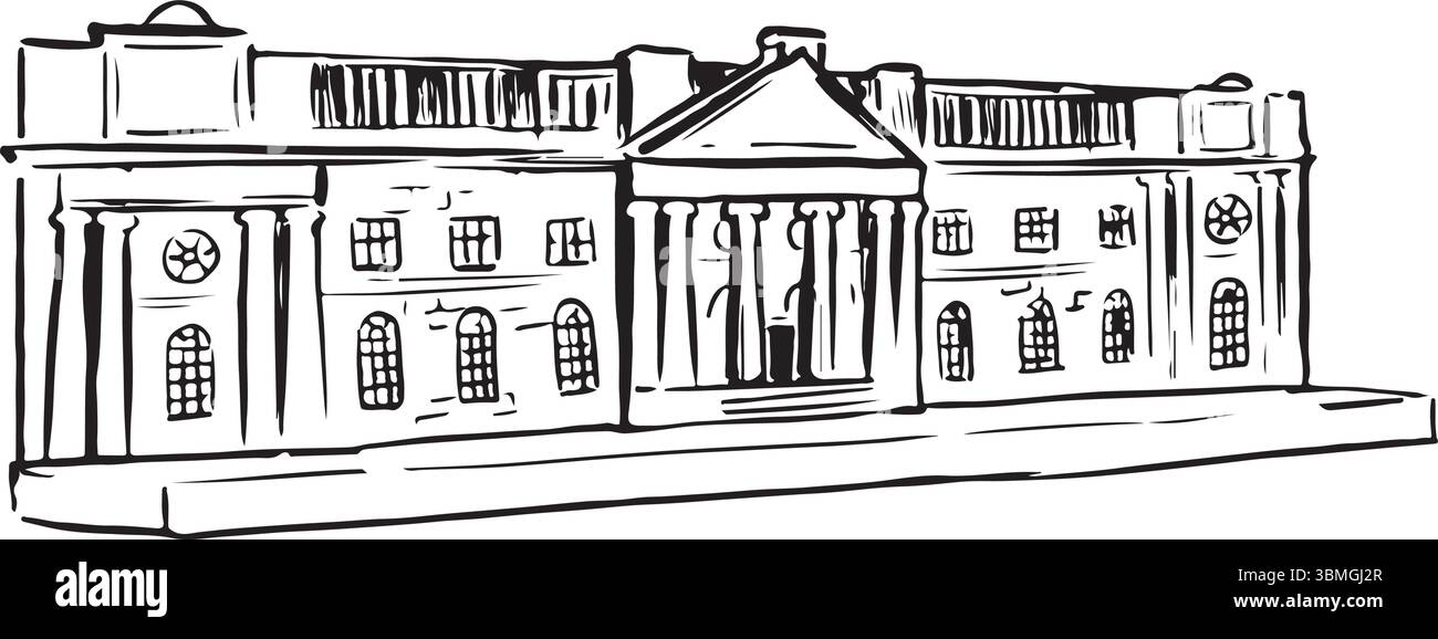 York Castle Museum, York, Inghilterra, schizzo a inchiostro bianco e nero. Museo storico ospitato in un'ex prigione, che espone un ricco patrimonio culturale e mostre d'epoca. Illustrazione Vettoriale