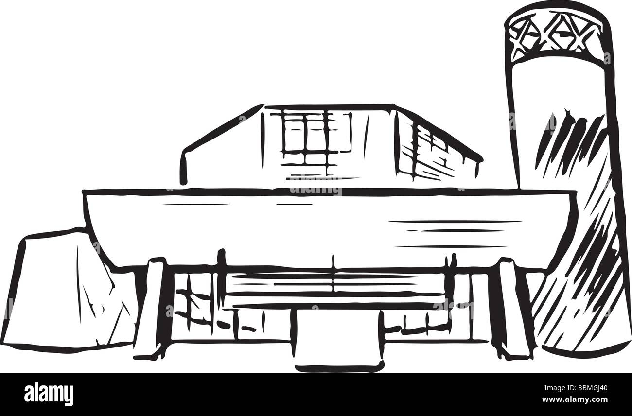 Linee in bianco e nero di un moderno punto di riferimento architettonico con angoli audaci e caratteristiche industriali. Ideale per stampe, formazione, design creativo, Illustrazione Vettoriale