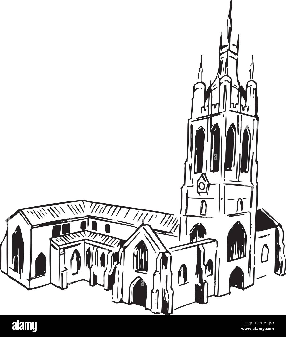 St Nicholas Cathedral, Newcastle, Inghilterra, schizzo a inchiostro bianco e nero. Maestosa architettura gotica con una torre a lanterna, intricati lavori in pietra. Illustrazione Vettoriale