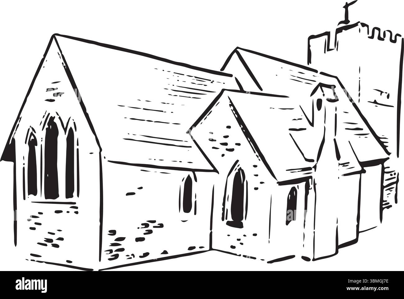 Chiesa medievale in pietra con torre quadrata e finestre gotiche. Illustrazione in bianco e nero disegnata a mano. Adatto per scopi didattici, storici o religiosi Illustrazione Vettoriale