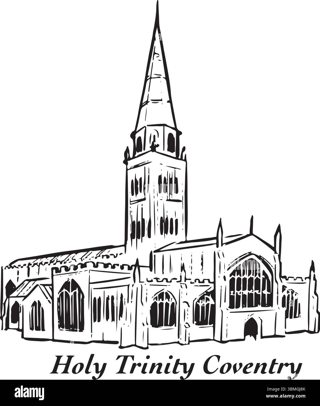 Holy Trinity Church, Coventry, Inghilterra, schizzo a inchiostro bianco e nero. Maestosa chiesa medievale con architettura gotica. Turismo, viaggi e cultura Illustrazione Vettoriale