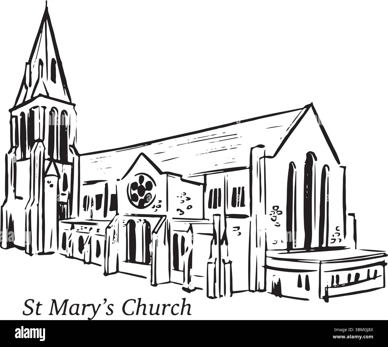 St Mary's Church, Southampton, Inghilterra, bozzetto a inchiostro bianco e nero. Maestosa chiesa in stile neogotico con una guglia di 200 metri, torre storica, patrimonio culturale Illustrazione Vettoriale